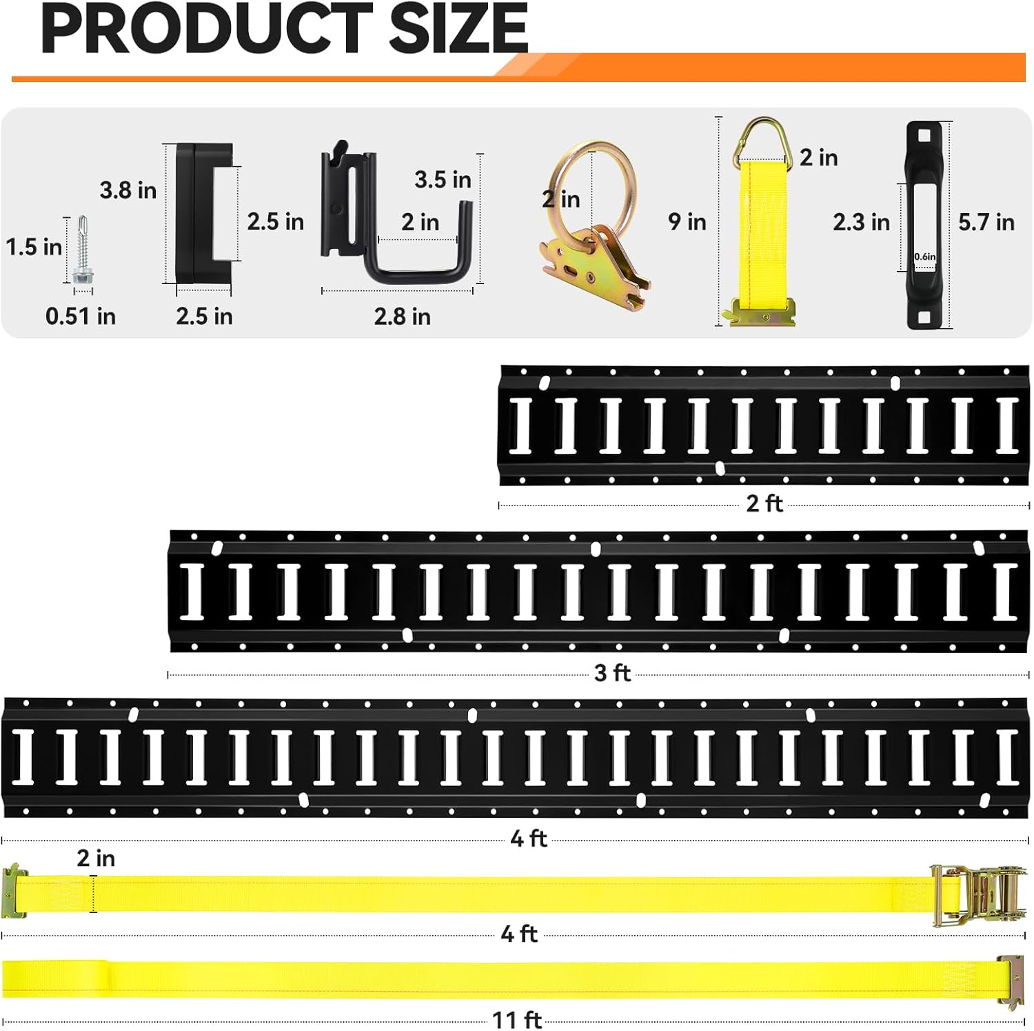Elechomes E Track Tie-Down Rail Kit：88 Pcs Set Etrack kit 6 Rails, 2 Ratchet Straps, 6 Rope Tie Offs, 6 O Ring Anchors, 6 J-Hooks, 2 Single Slot, 12 End Caps for Garages Vans Trailers Motorcycle
