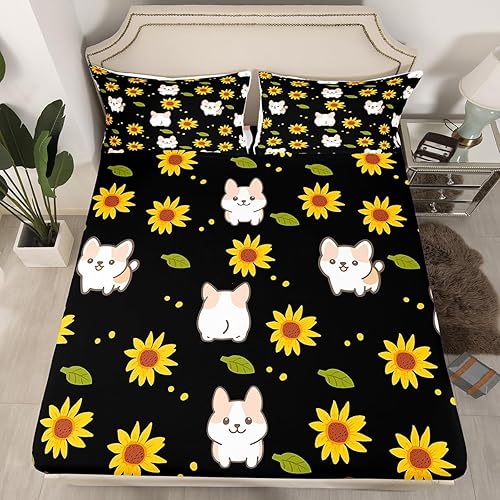 Miniatura 4 de Lindo juego de sábanas de Corgi para niños y niñas, sábanas de perro de dibujos animados con bolsillo profundo, juego de sábanas de girasol tamaño