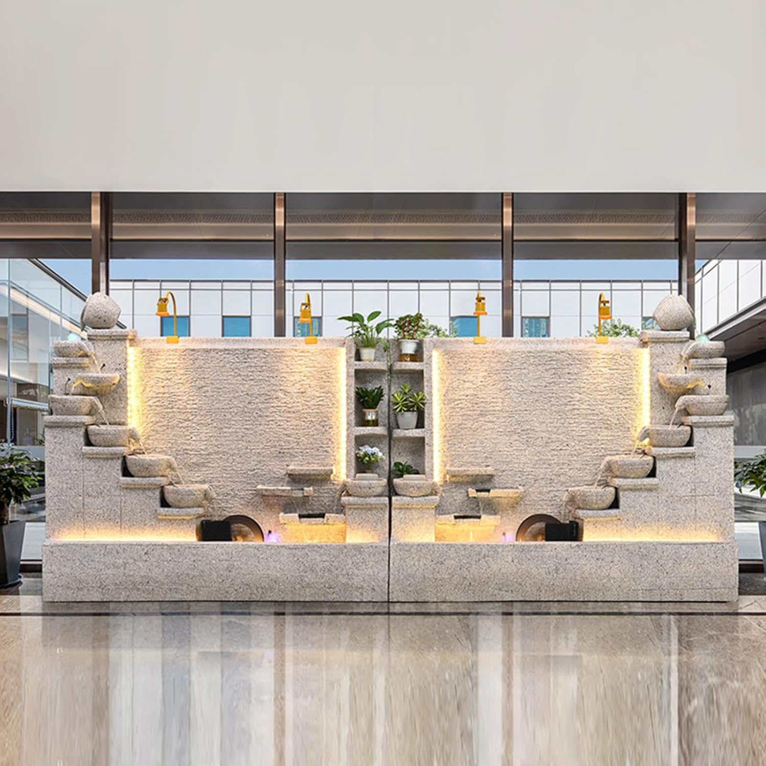 5.8ft Wide Premium Ivory White Cement Waterfall Fountain Set with LED Lights & Planter Slots for Indoor & Outdoor Use | Left, Right, or Full Set Options | Durable Stone-Like Finish (Left)(Left+Right)