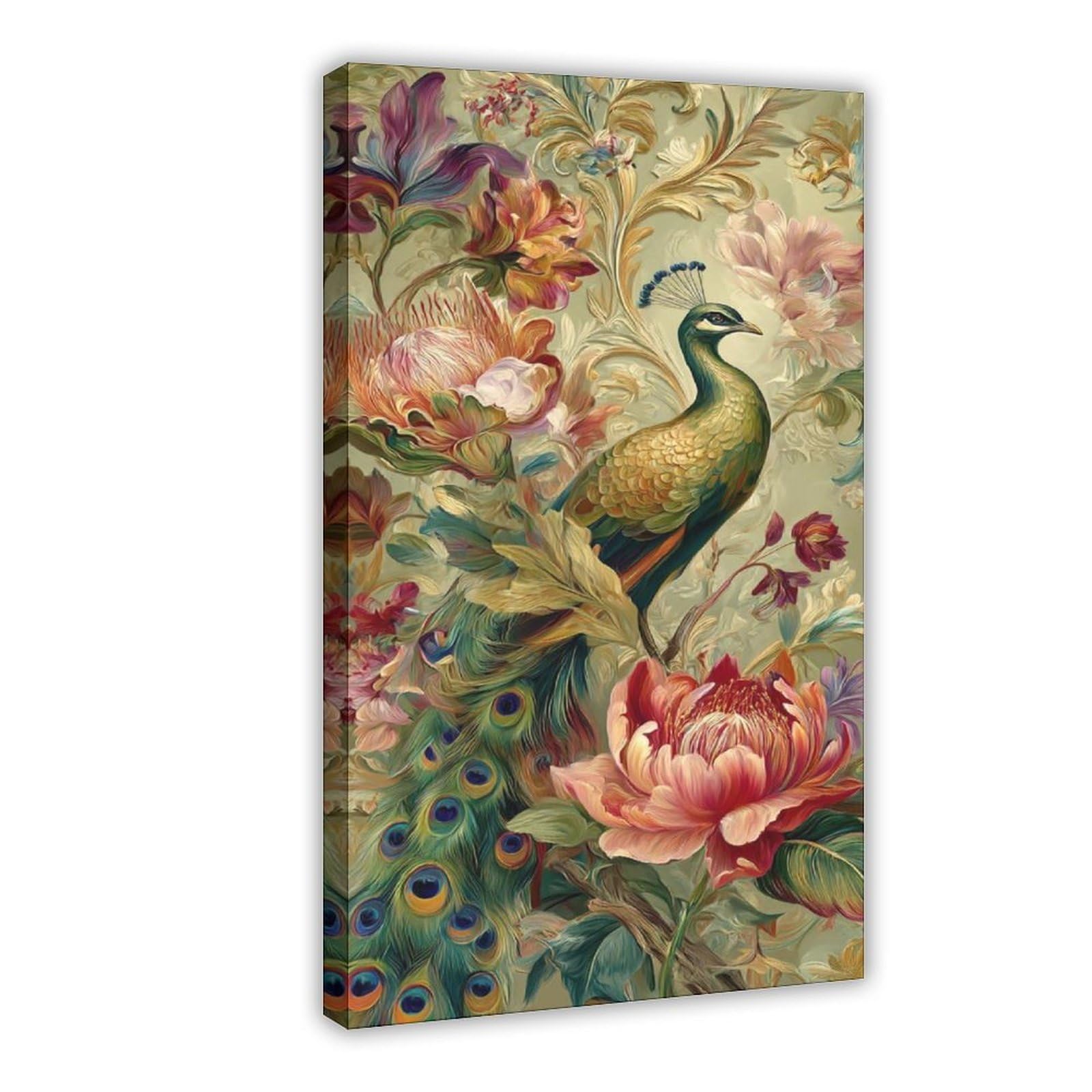 Qnvjqkdsi Frame Elegant Peacock And Floral Arrangement Art Canvas Poster Bedroom Decor Landscape Office Room Decor Gift 24" L X 36" W