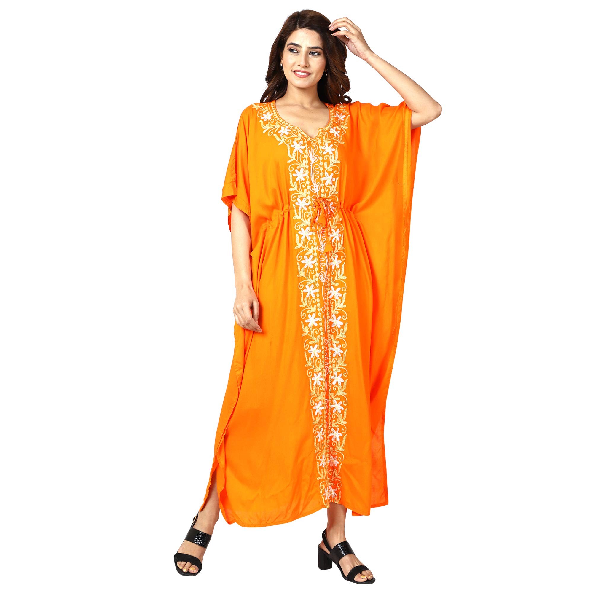 CigainWomen's Rayon Long Kaftan Maxi Cover Up Summer Dress Night Dress Kimono Style Kaftan Yellow, Free Size