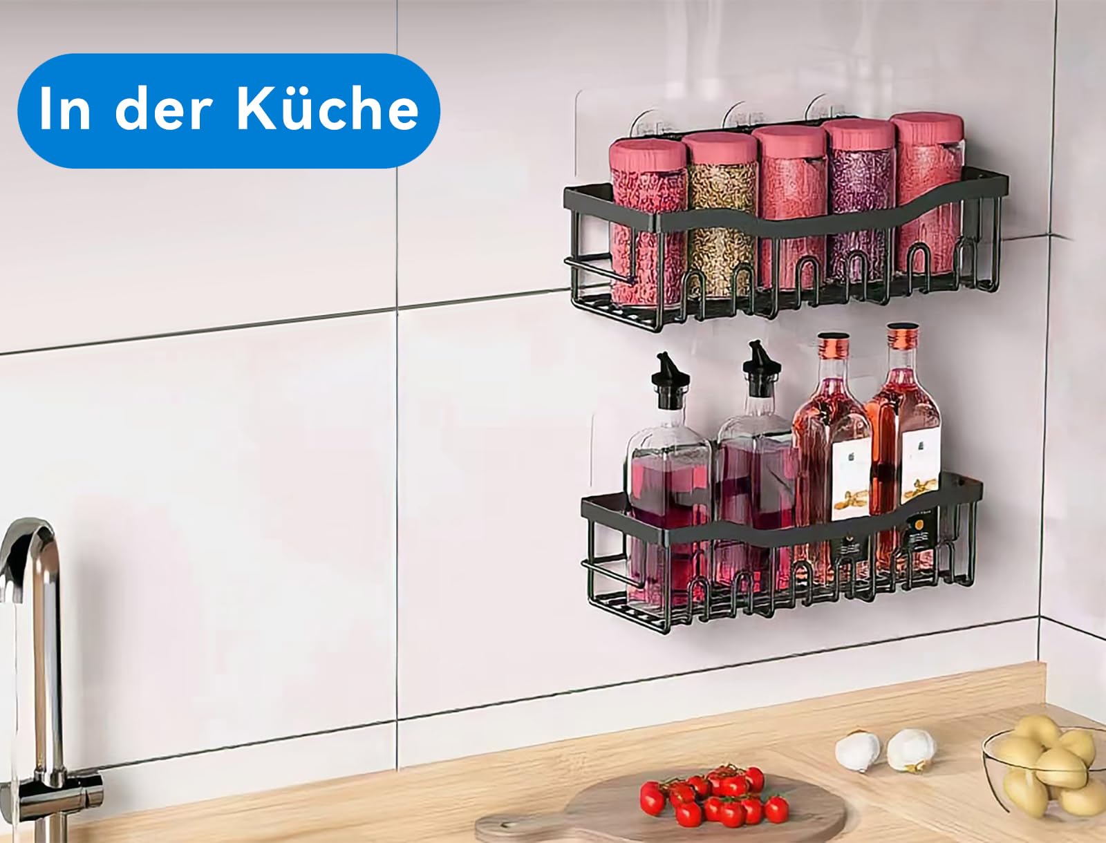Set Di 2 Ripiani Per Doccia Adesivi Con 12 Ganci - Organizer Salva Spazio Per Bagno E Cucina In Acciaio Carbonio - 6