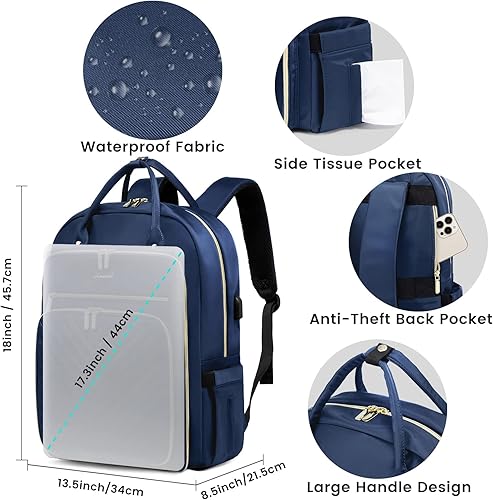 Miniatura 4 de LOVEVOOK Mochila para laptop para mujer, mochila de trabajo de moda con puerto USB, mochilas impermeables para el trabajo., Azul marino, 17,3 pulg.,