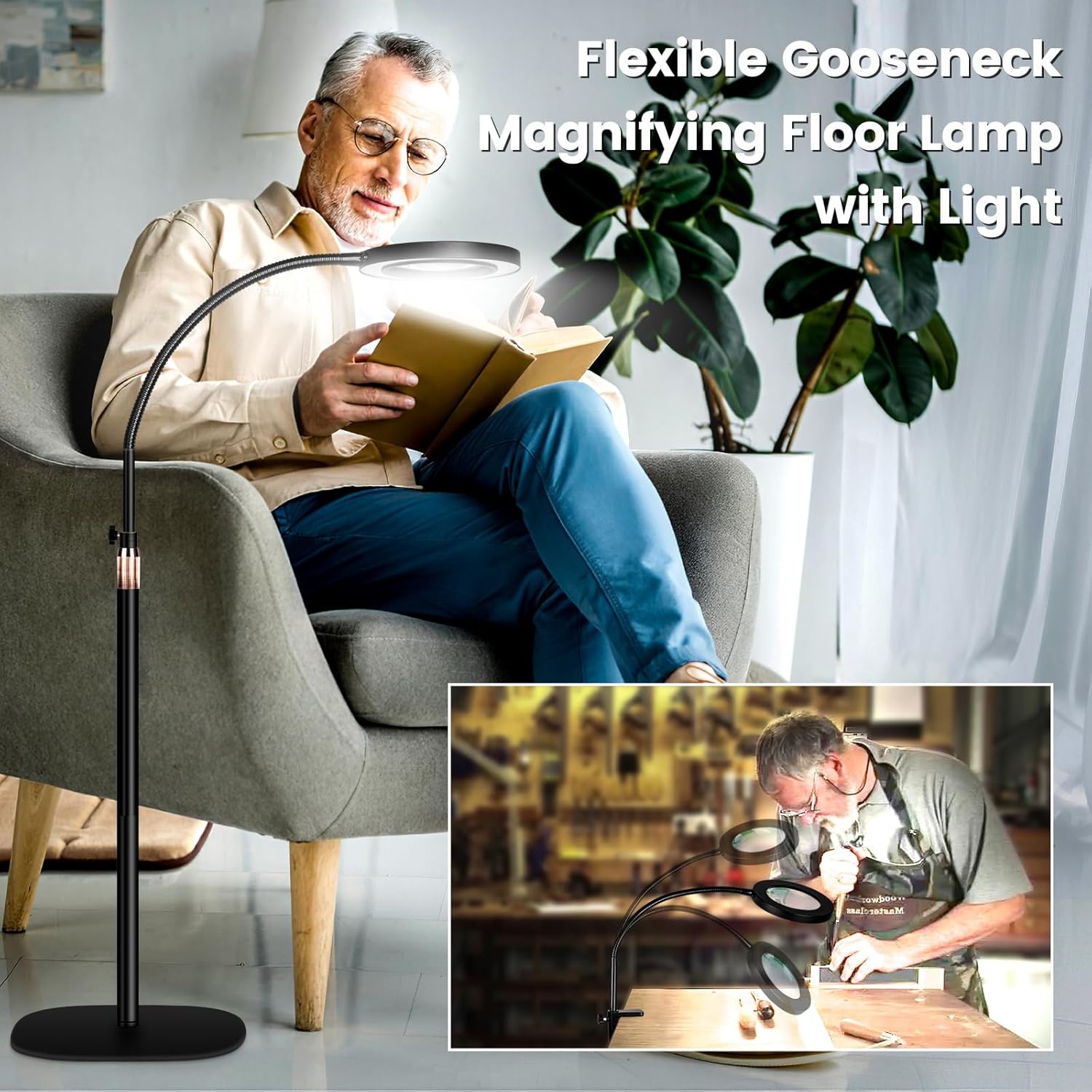 12X Magnifying Glass with Light and Stand,NUEYiO 3-Color Stepless Dimmable LED Magnifying Floor Lamp, 24" Gooseneck Adjustable Swing Arm Lighted Magnifier Lamp with Clamp for Reading Craft Esthetican