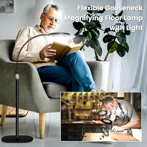 Miniatura 4 de Lámpara de lupa de 12 aumentos con luz y soporte, lámpara de pie LED de aumento de NUEYiO con atenuación sin escalones de 3 colores, lámpara de lupa