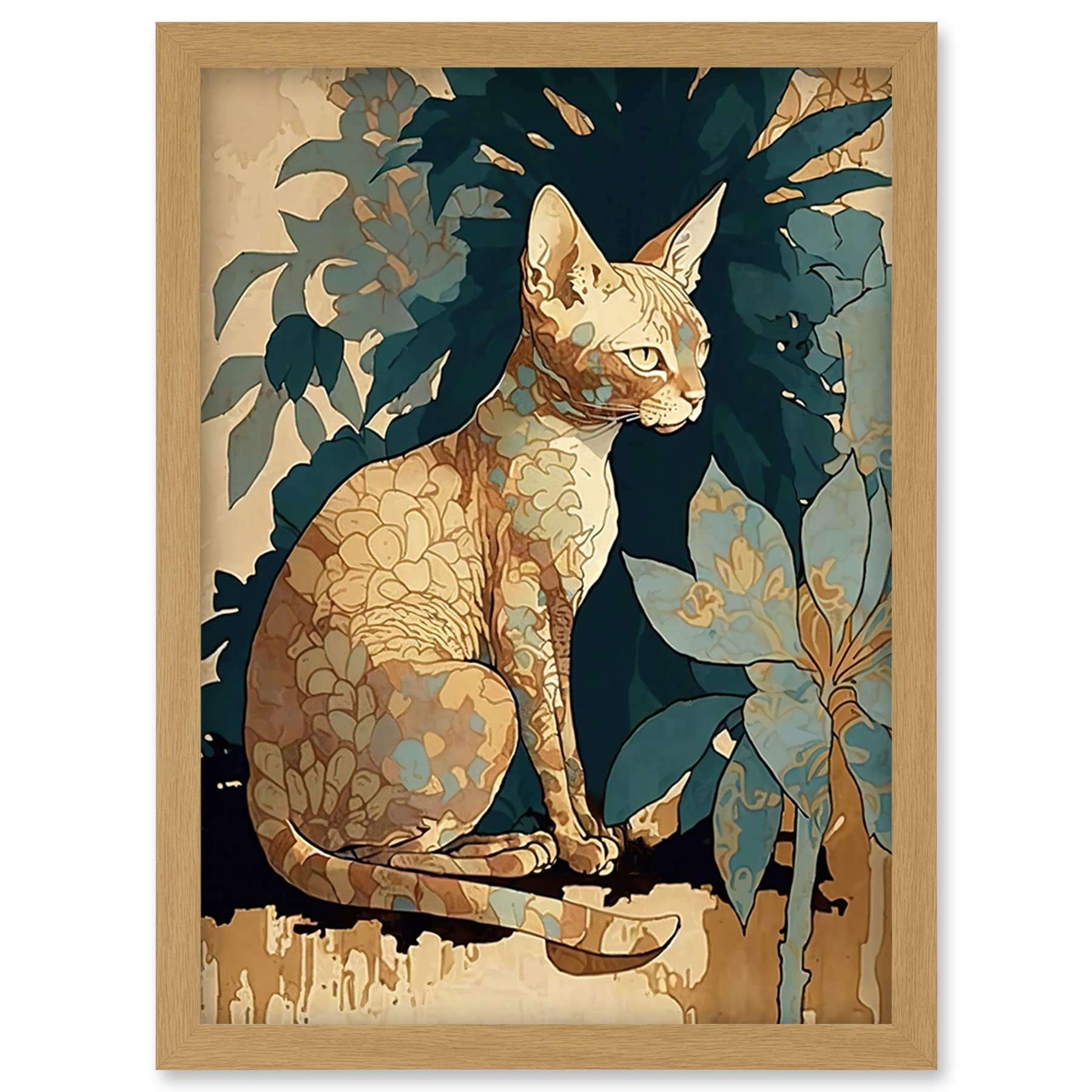 Devon Rex Cat with Flower Pattern Fur Framed Wall Art Picture Print A4