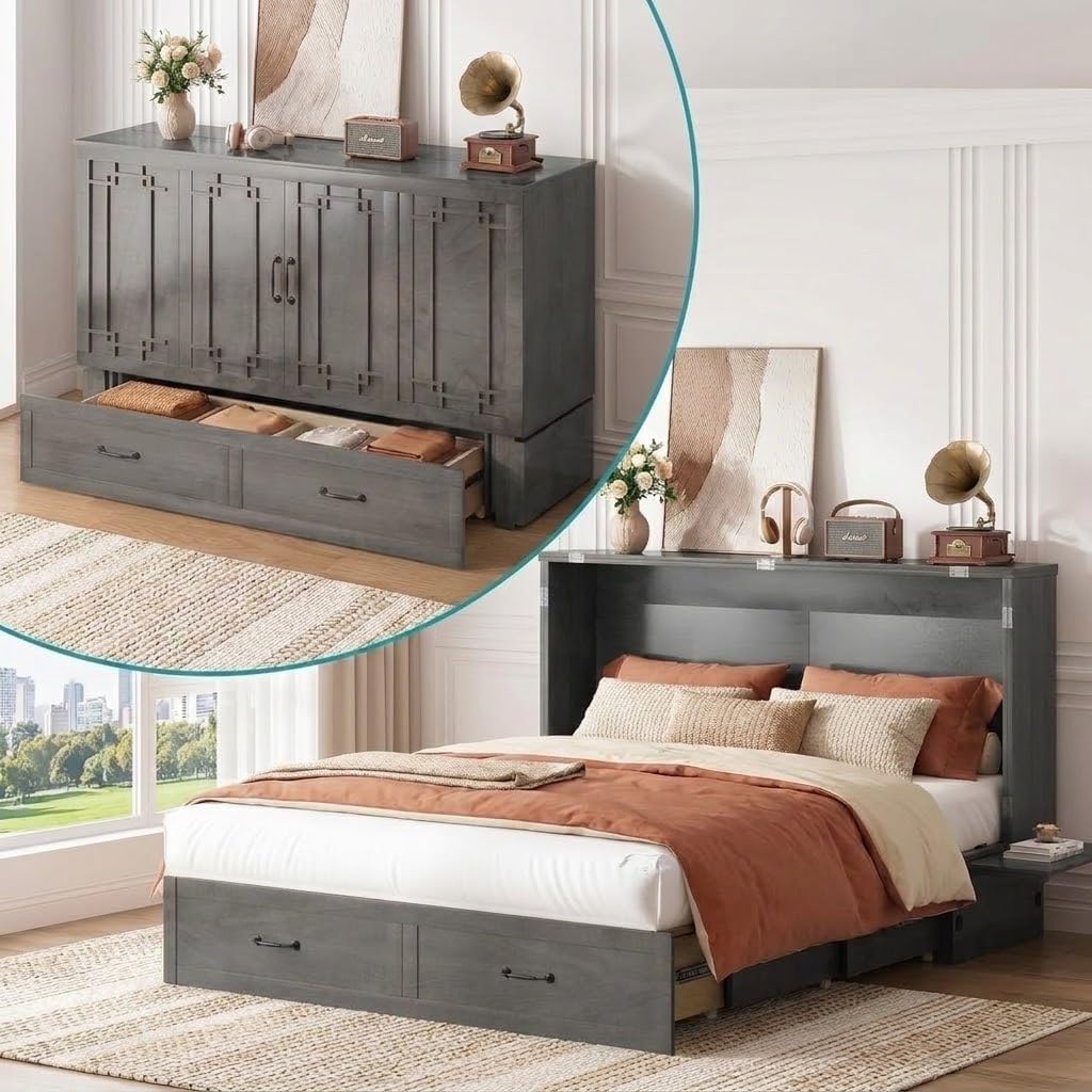 PUREMIND Queen Murphy Bed with Mattress Included, Murphy Cabinet Bed with Storage Drawer, Built-in Charging Station, Solid Wood Frame, Space-Saving Cabinet Beds for Small Spaces/Guest Room (Gray)