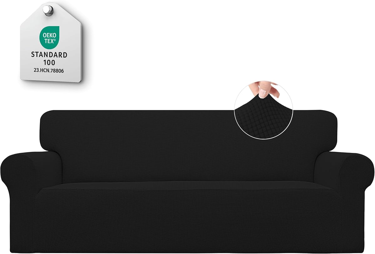 Stretch Couch Covers for Sofa Washable Large Black | 1-Piece Sofa Covers for 3 Cushion Couch Furniture Protector Couch Slipcover Soft with Bottom for Kids Pets
