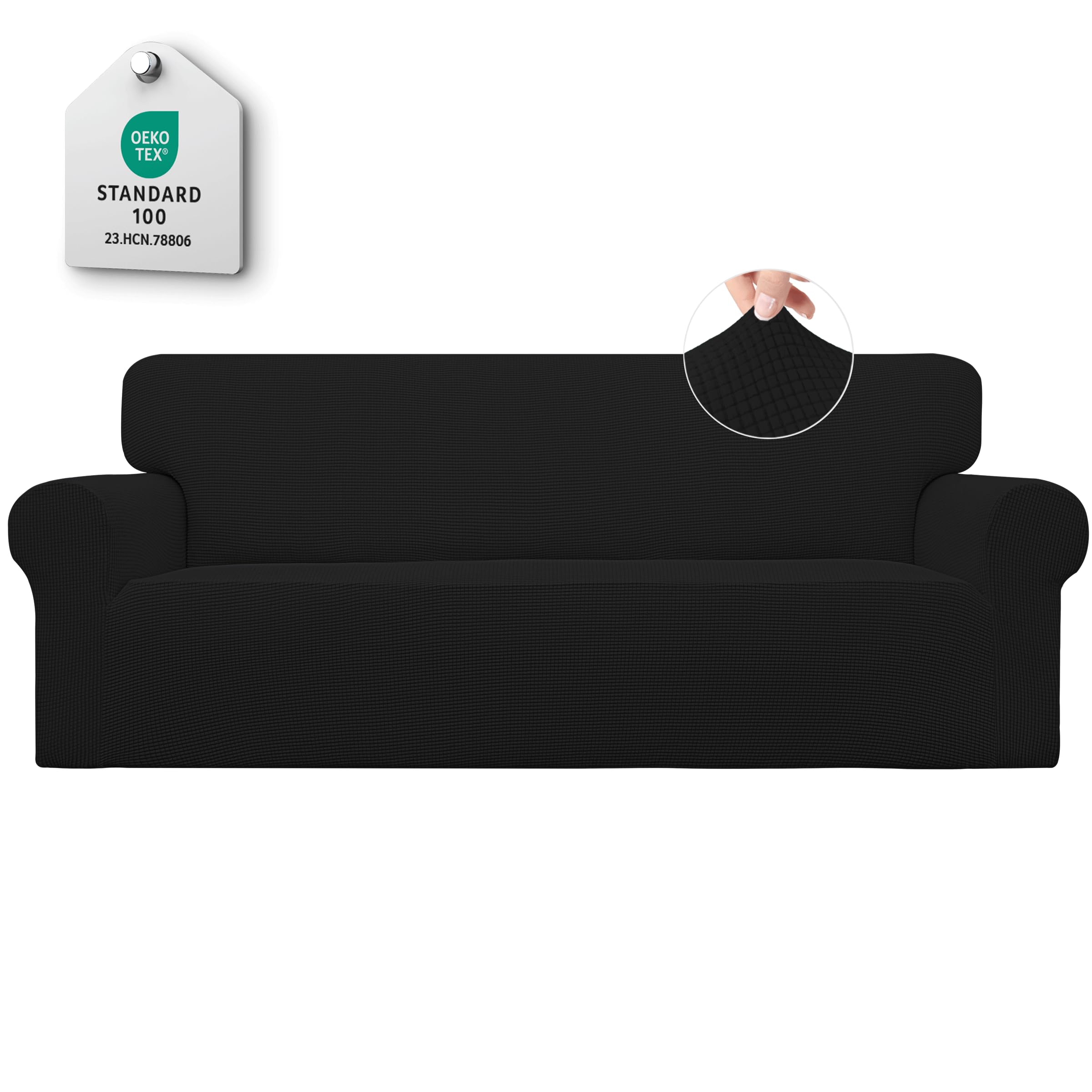Easy-Going Stretch Sofa Slipcover 1-Piece Sofa Cover Furniture Protector Couch Soft with Elastic Bottom for Kids, Polyester Spandex Jacquard Fabric Small Checks (Sofa, Black)