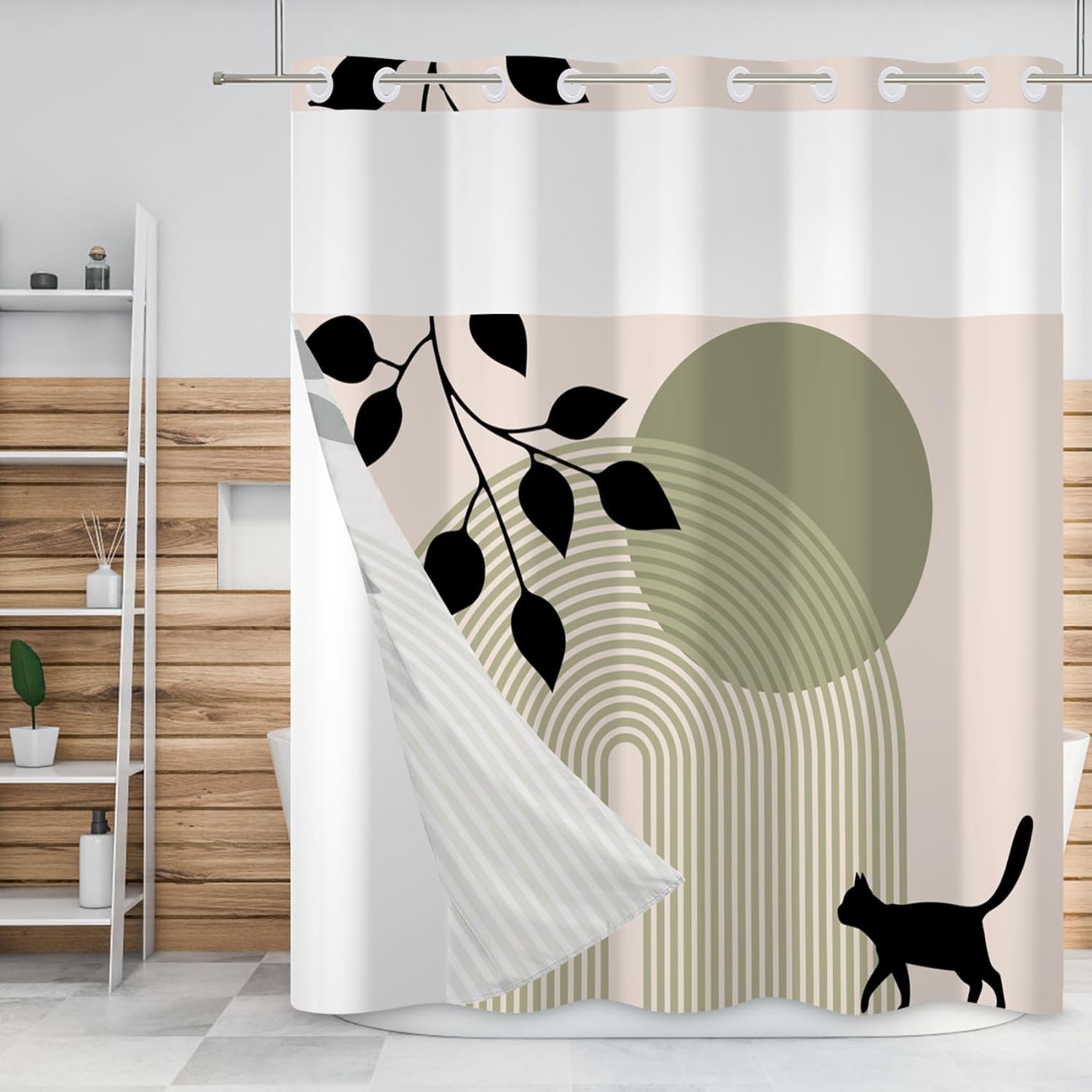 Baocicco No Hook Shower Curtain with Snap in Liner Minimalist Boho Mid Century Silhouette Cat Botanical No Hook Fabric Shower Curtains Set Double Shower Curtain for Bathroom Bathtub 71x83 Inch