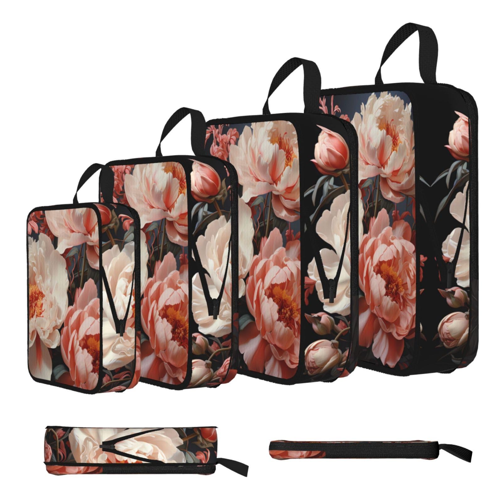 Sxzvvbn Black Bright White Peonies Compression Packing Cubes 4 Piece Set