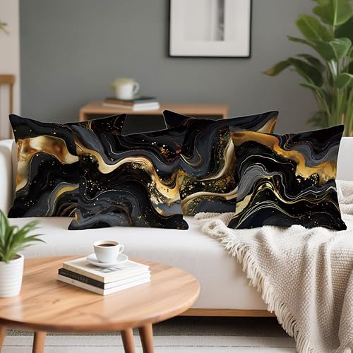 Miniatura 6 de OBSEDE Juego de 4 fundas de almohada abstractas de mármol negro dorado de 18 x 18 pulgadas, fundas de cojín para sofá, cama, sala de estar,