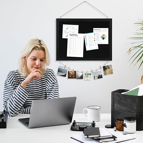 Vista 7 de DOLLAR BOSS - Tablero de corcho negro con lino de doble cara de 16 x 12 pulgadas, para paredes, marco de madera, para colgar, tablero de corcho