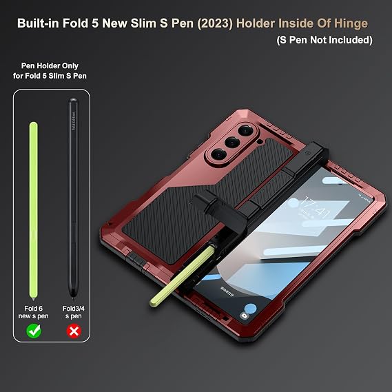 for Samsung Galaxy Z Fold 6 Case with Slim S Pen Holder (2023), Metal Bumper Premium Heavy Duty Shockproof Protective, Hinge Protection, Screen Protector, Rugged Phone Cover 5G, Red