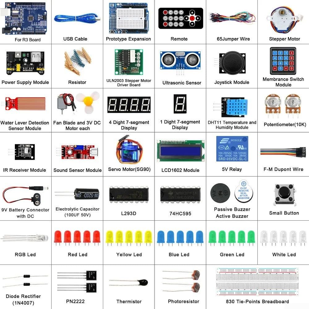 Kit de inicio Arduino R3, juego de aprendizaje completo, sensores, motores, LCD, proyectos electrónicos para principiantes, paquete educativo introductorio, blanco (-1)