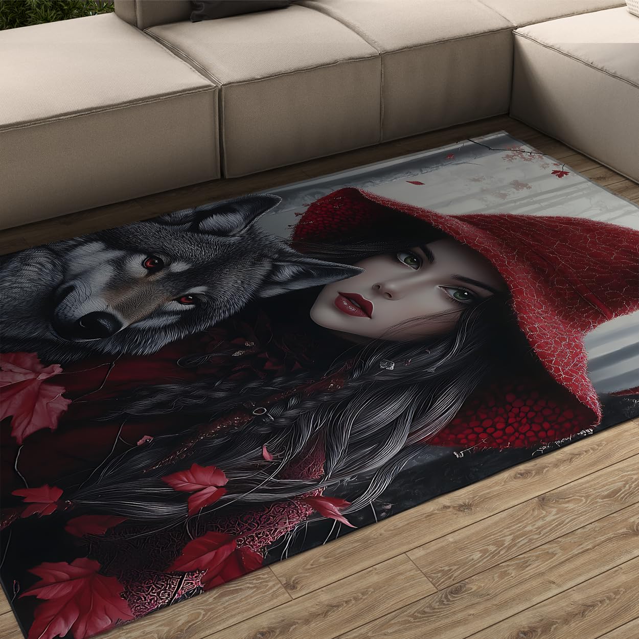 240x300cm Dunkler Märchenteppich Frau Wolf Rote Blätter