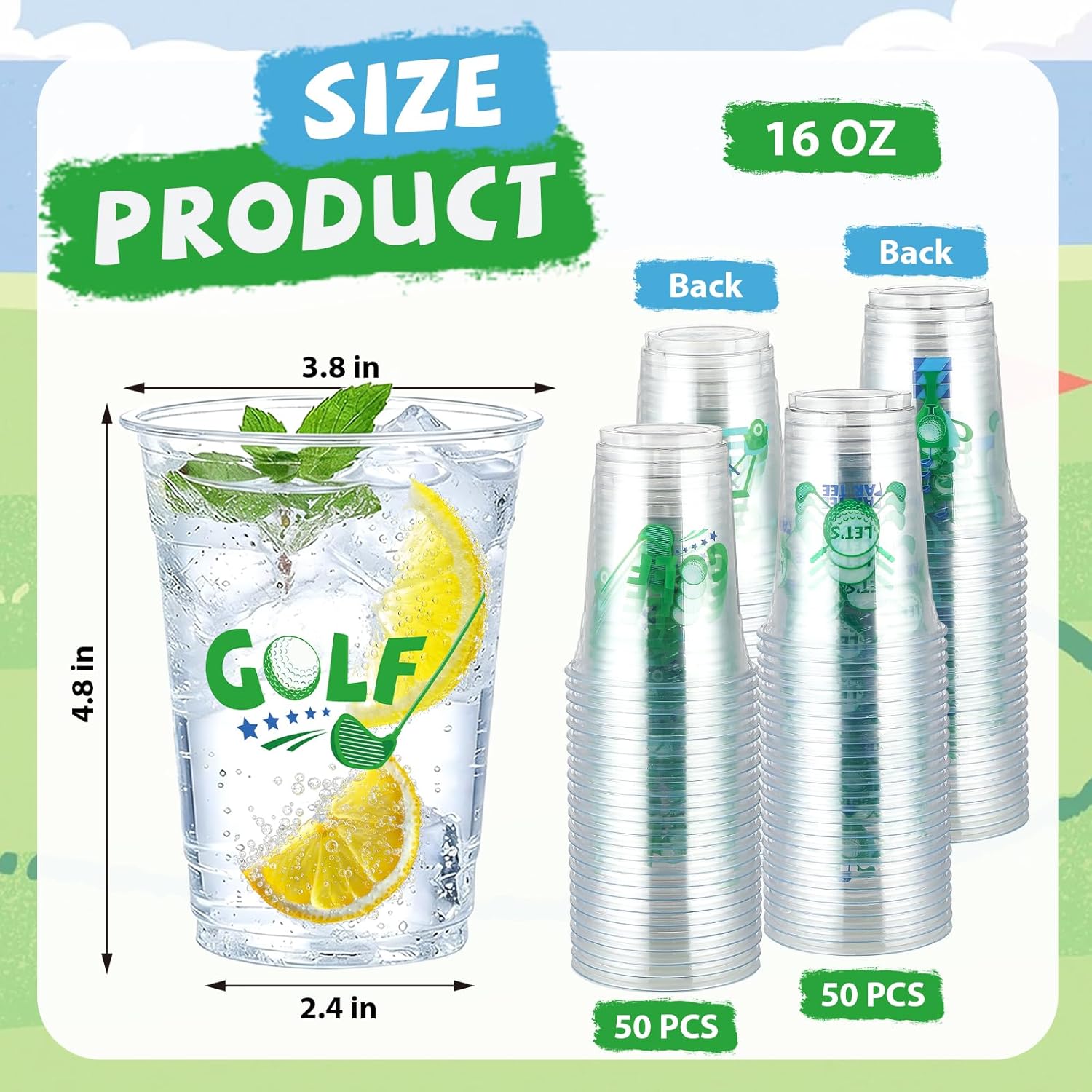 100 Pcs Golf Ball Cups 16 oz Green Golf Plastic Cups Let's Par-tee Clear Disposable Tumblers for Sports Birthday Baby Shower Party Supplies