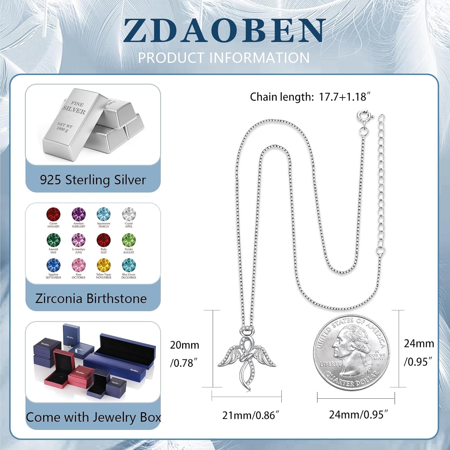 925 Sterling Silver Guardian Angel Pendant Necklace for Women with Birthstone Cubic Zirconia Little Angel Pendant Necklace Jewelry 18 inch Chain - Image 5