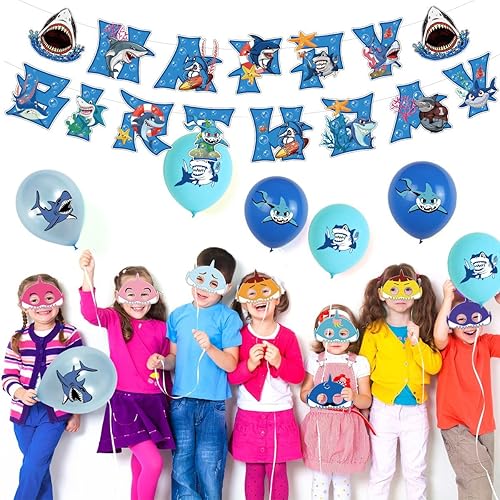 Miniatura 7 de Juego de decoración de fiesta de cumpleaños con temática de tiburón, incluye pancarta de feliz cumpleaños, decoraciones de pasteles, globos