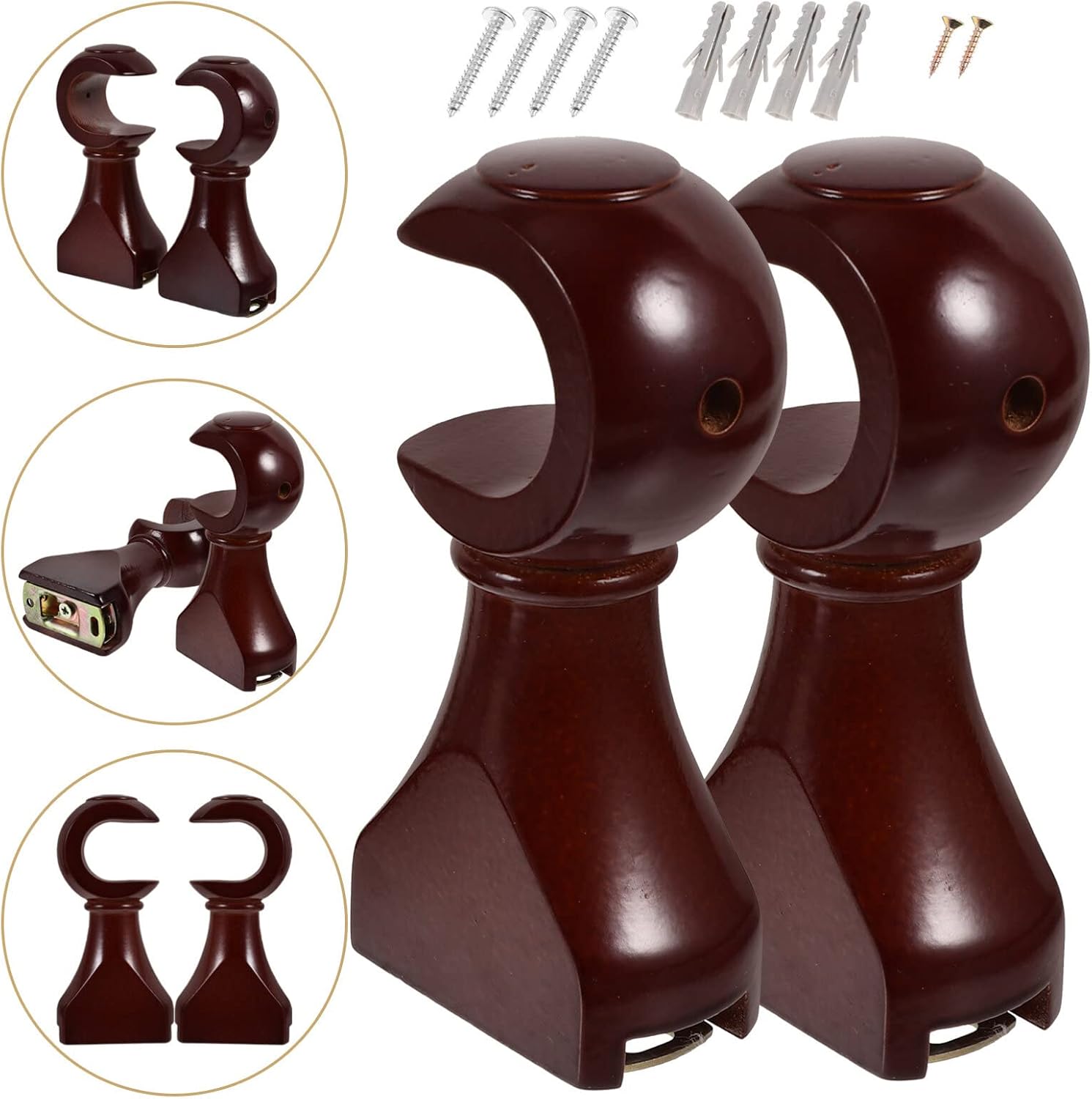 2pcs Wood Curtain Rod Holders Double Curtain Drapery Rod Brackets Wall Mounted Drapery Rod Support Brackets Hardware for Kitchen Bedroom Living Room