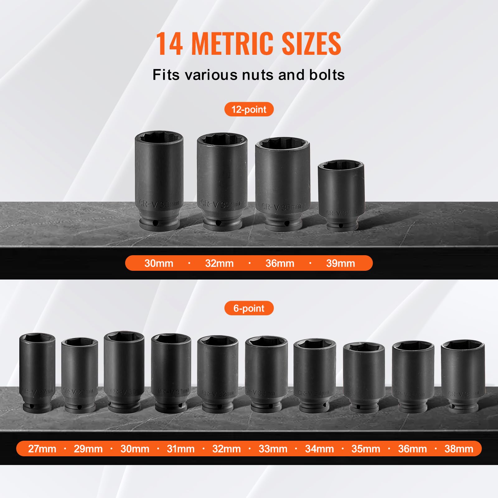 VEVOR Axle Nut Impact Socket Set, 1/2" Drive Deep 6+12-Point 14-Piece Metric Spindle Nut Socket Set - Image 3