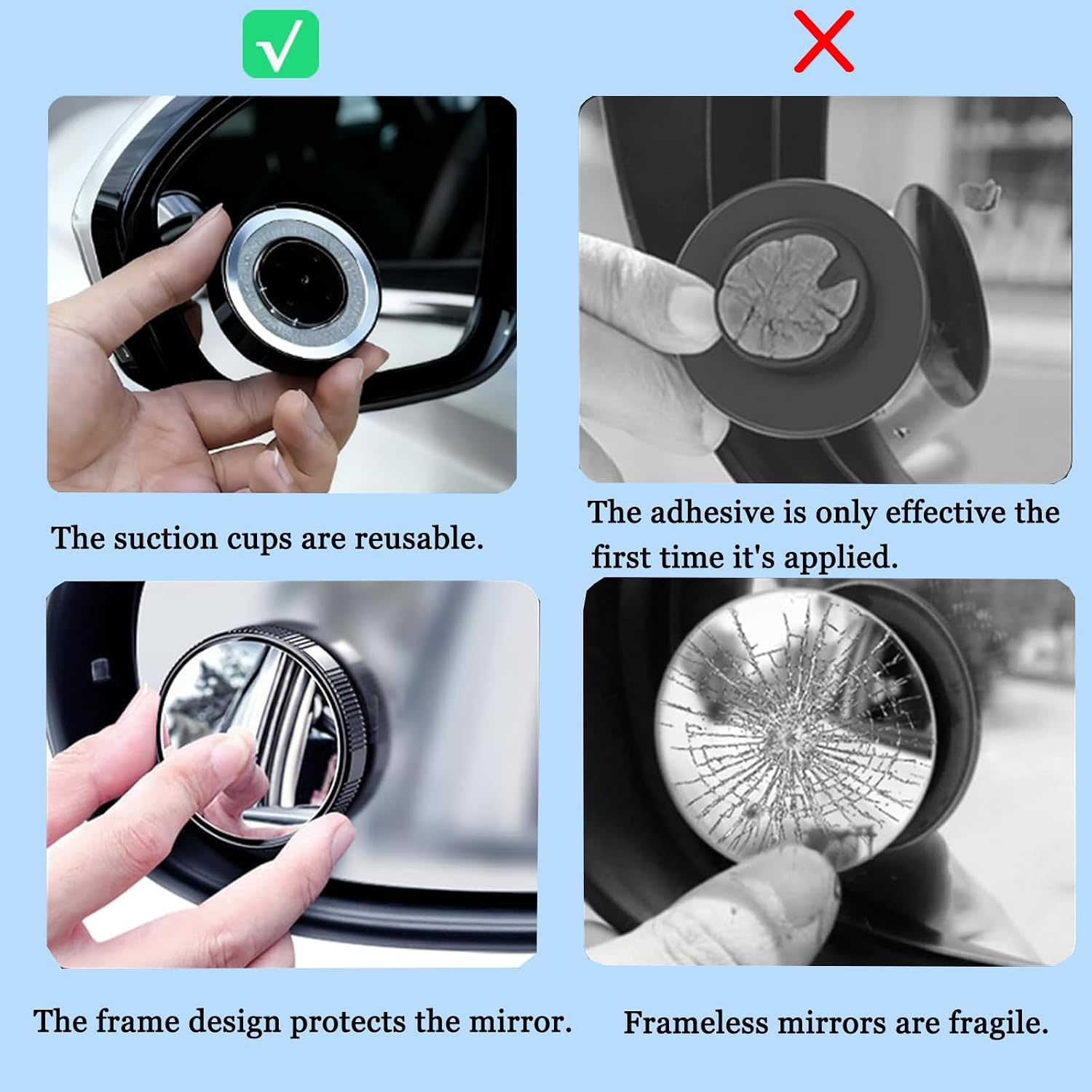 Blind Spot Mirrors 2 Pack, HD Glass Convex Blindspot Mirror with Vacuum Suction Cup, Side Mirror Blindspot with Wide Angle Adjustable for Cars, SUVs, Trucks, and Motorcycles
