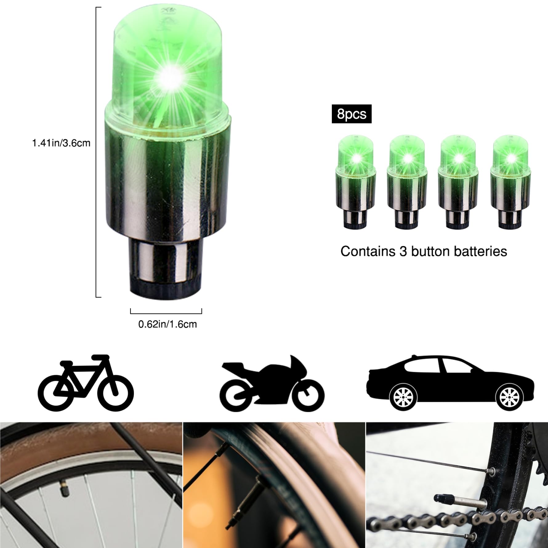 Éclairage De Valve Vélo 8 LEDs – 7 Couleurs, étanche, Alliage, Avec Piles Bouton Incluses, Pour Roues De Vélo, Moto, Poussette