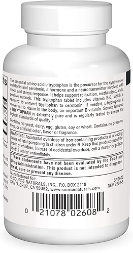 Miniatura 2 de Source Naturals L-triptófano con vitamina B-6 1000 mg ayuda al estado de ánimo, la relajación y el sueño* - 30 Tabletas
