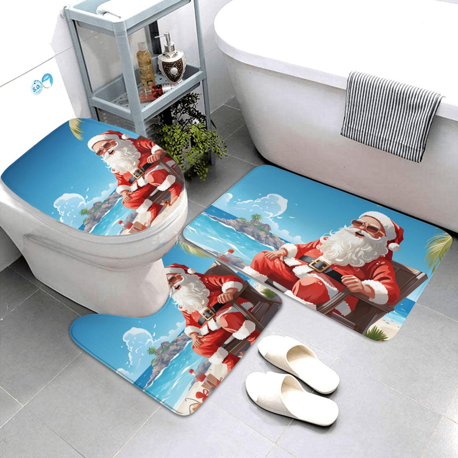 Lot de 3 tapis de salle de bain absorbants et lavables avec motif Père Noël à la plage