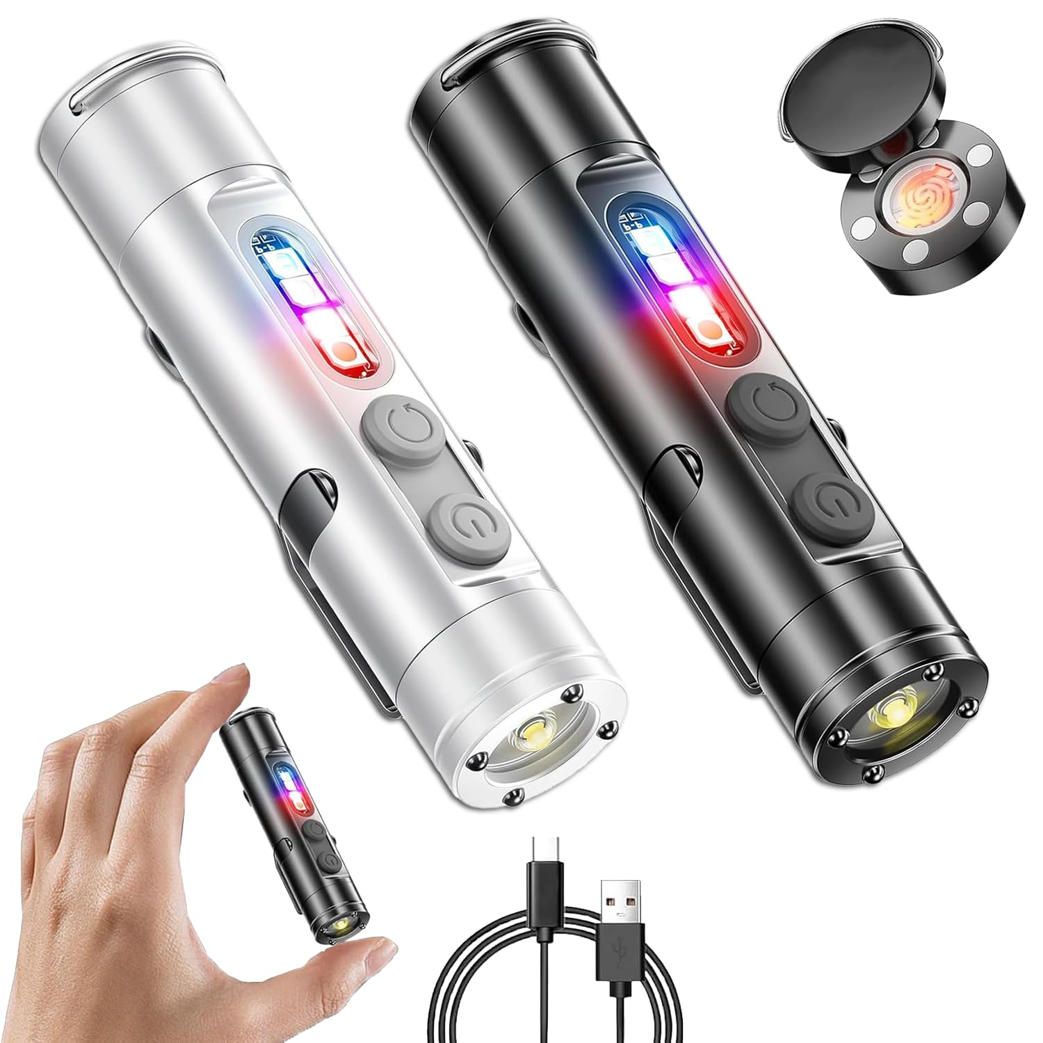 Pocket Rechargeable EDC Flashlight: 500 Lumens Mini Keychain Light with Fire Starter & Window Breaker, Rechargeable Emergency Lights, Roadside Flashing Magnetic EDC Tool for Travel (2Pcs)