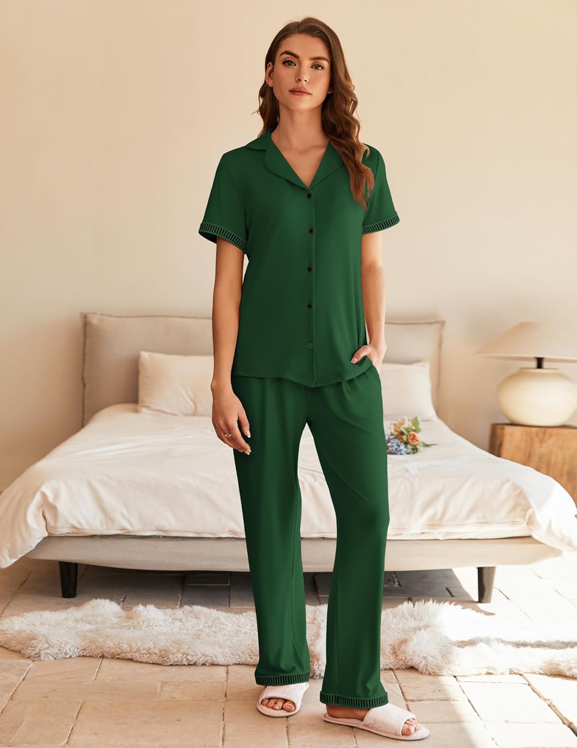 Ekouaer Womens Pajama Sets Short Sleeve Button Up Pjs, Chic Contrast Trim, Long Pants with Pockets,Soft Loungewear Set S-XXL - Image 6