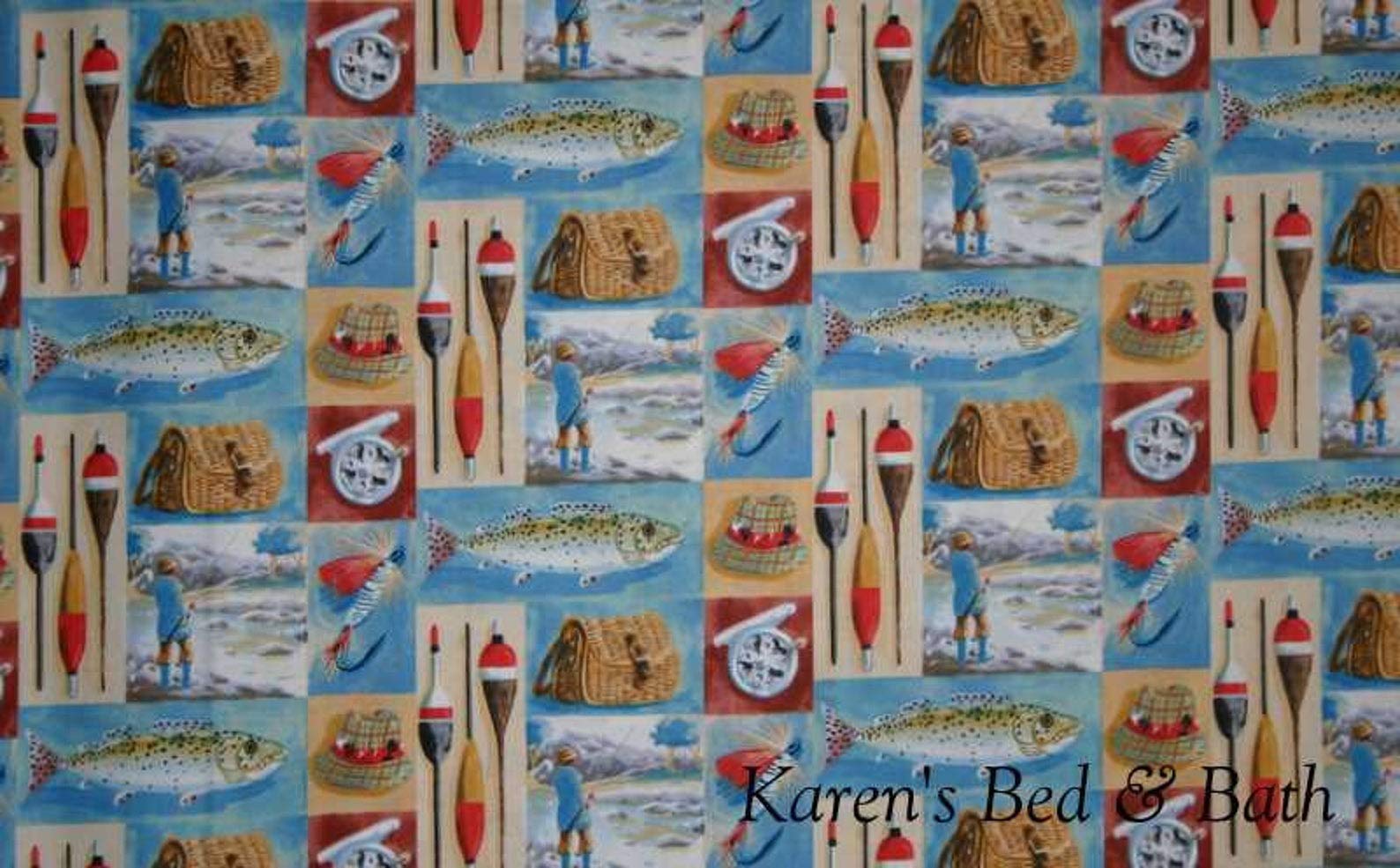 Fishing Sports Vintage Patch Look Fish Basket Hooks Reel Retro Lodge Cabin Blue Brown Tan Valance