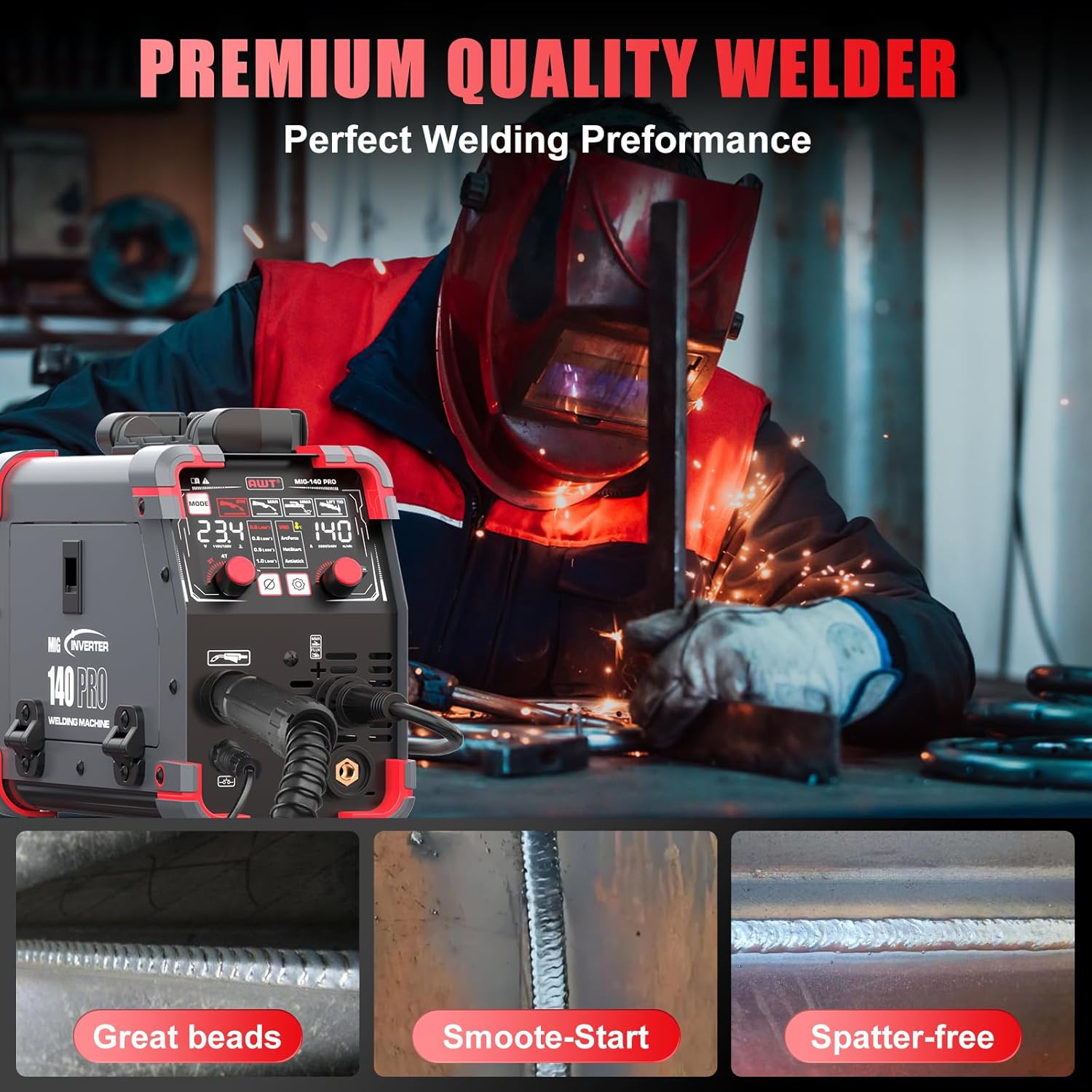 AWT LED Digital Display 140Amp MIG Welder Flux Core MIG Welder/Stick/Lift TIG 3 in 1 Welding Machine,Welder Machine 110V With Synergy IGBT Inverter, Portable Gasless Welder Equipment