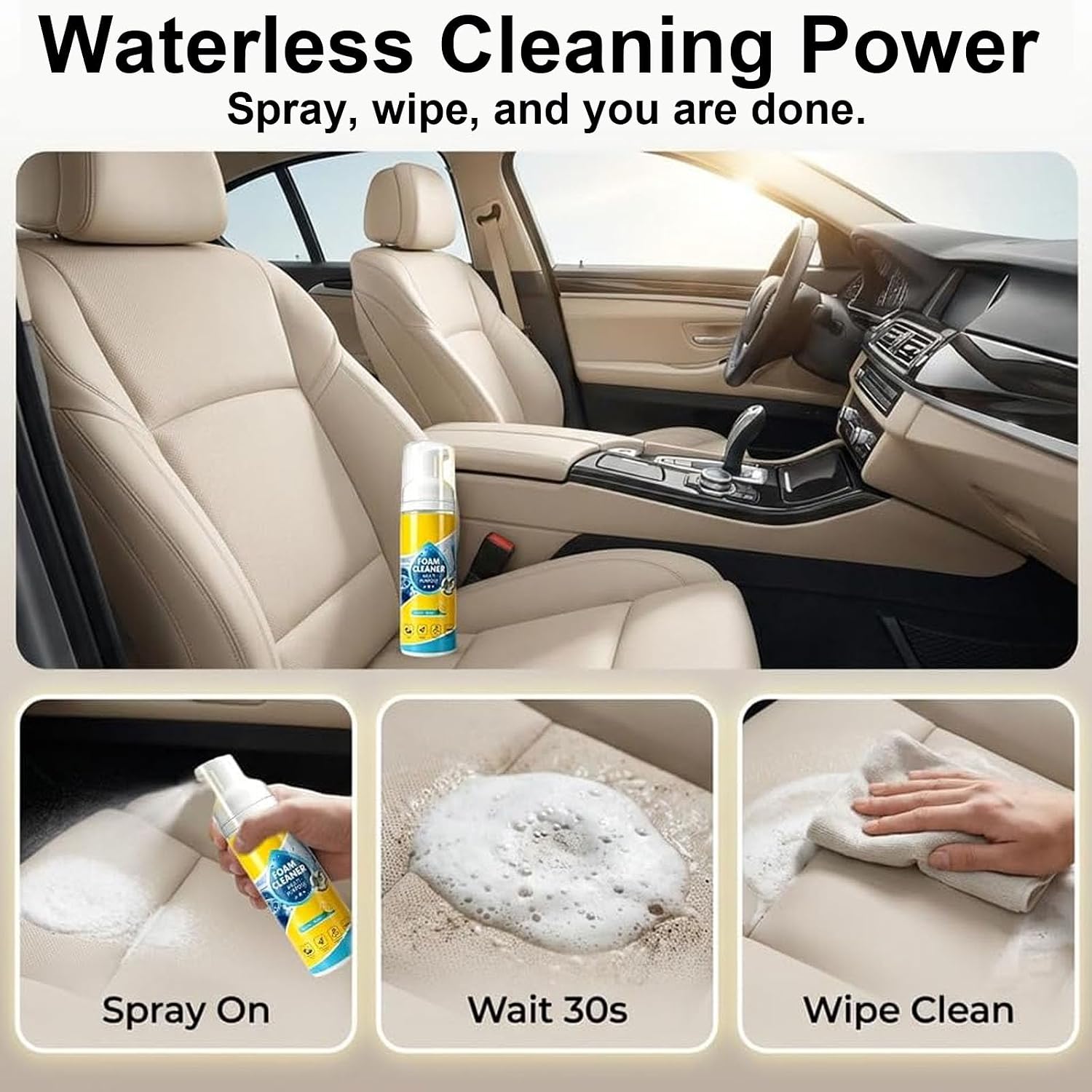 4-in-1 Multi-Purpose Foam Cleaner, All Surface No-Rinse Spray with Sponge & Towel for Home, Kitchen, Bathroom, Car & Upholstery (1PC+1*Sponge+Towel)