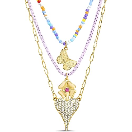 kensie Girls' Necklace - Three Row Layered Beaded and Chain Charm Pendant Necklace