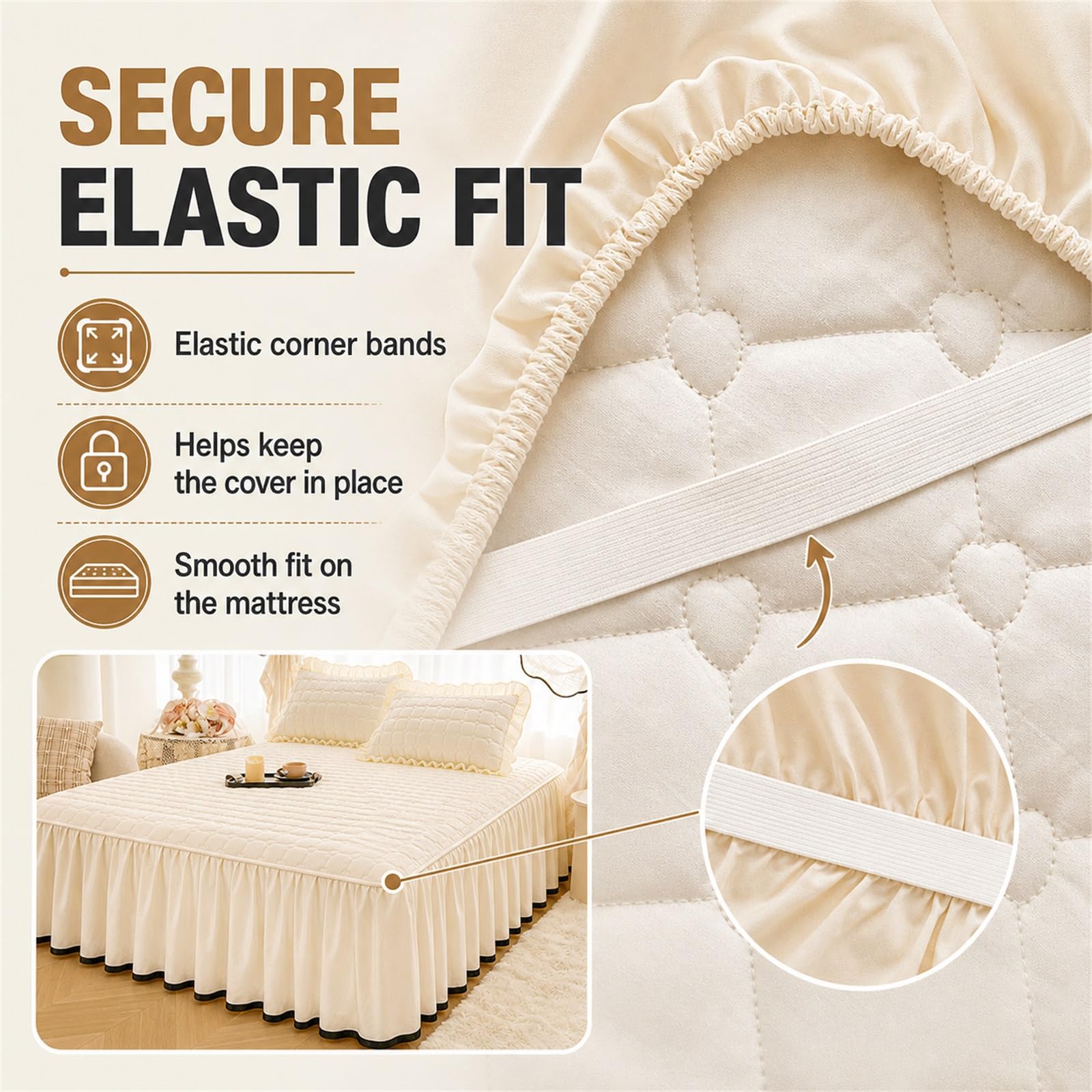 Gonna da Letto Trapuntata,Copriletto Trapuntato con Volants Coordinati,Mantovana Copriletto Elegante Gonna con Volants,Facile da Usare,per Camere da Letto E Soggiorni