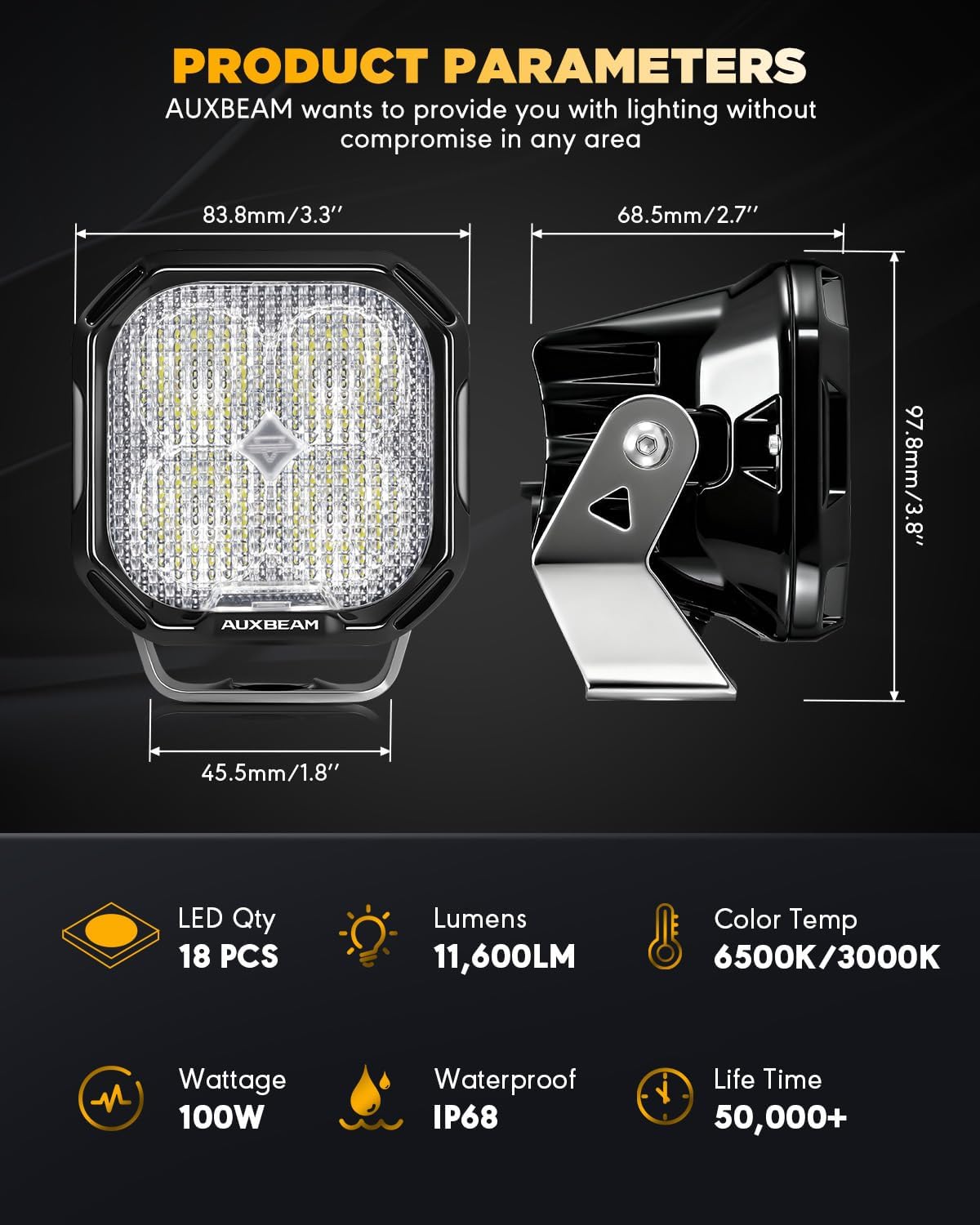 Auxbeam 3 Inch LED Pods Offroad Driving Lights with Amber White DRL & Turn Signal Fog Lights Color Play Series 11600LM 100W Flood Beam Cube Ditch Light Bar for Jeep, 2 Years Warranty