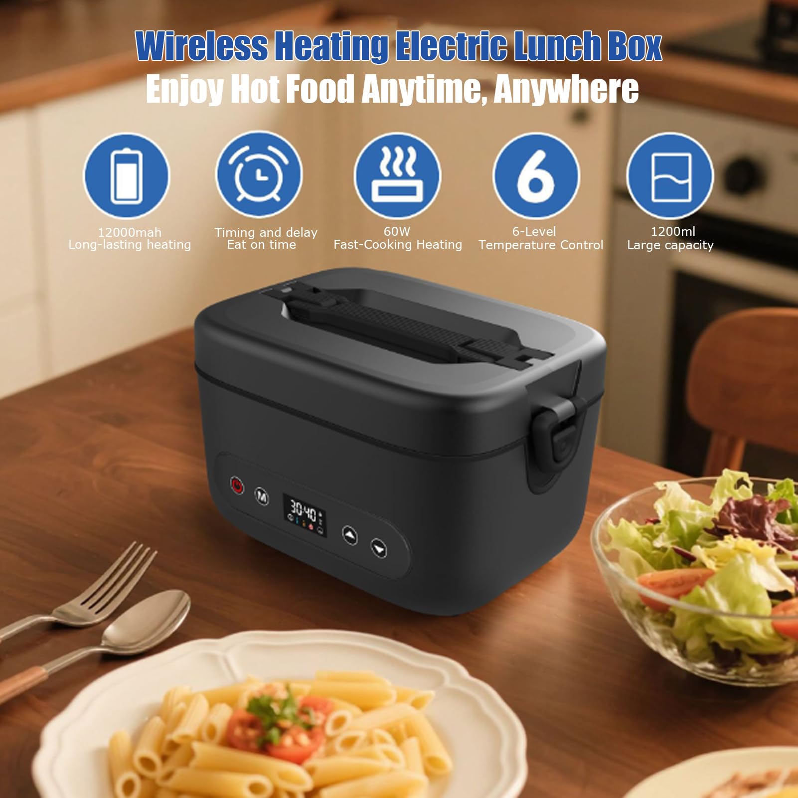 Calentador De Comida Portatil Electrico, Fiambrera Acero Inoxidable Electrica 1,2l Con Bolsas Aislamiento Y Cubiertos Fiambreras Comida Trabajo Para Comida Para Coche, Camión, Oficina (Negro gris)