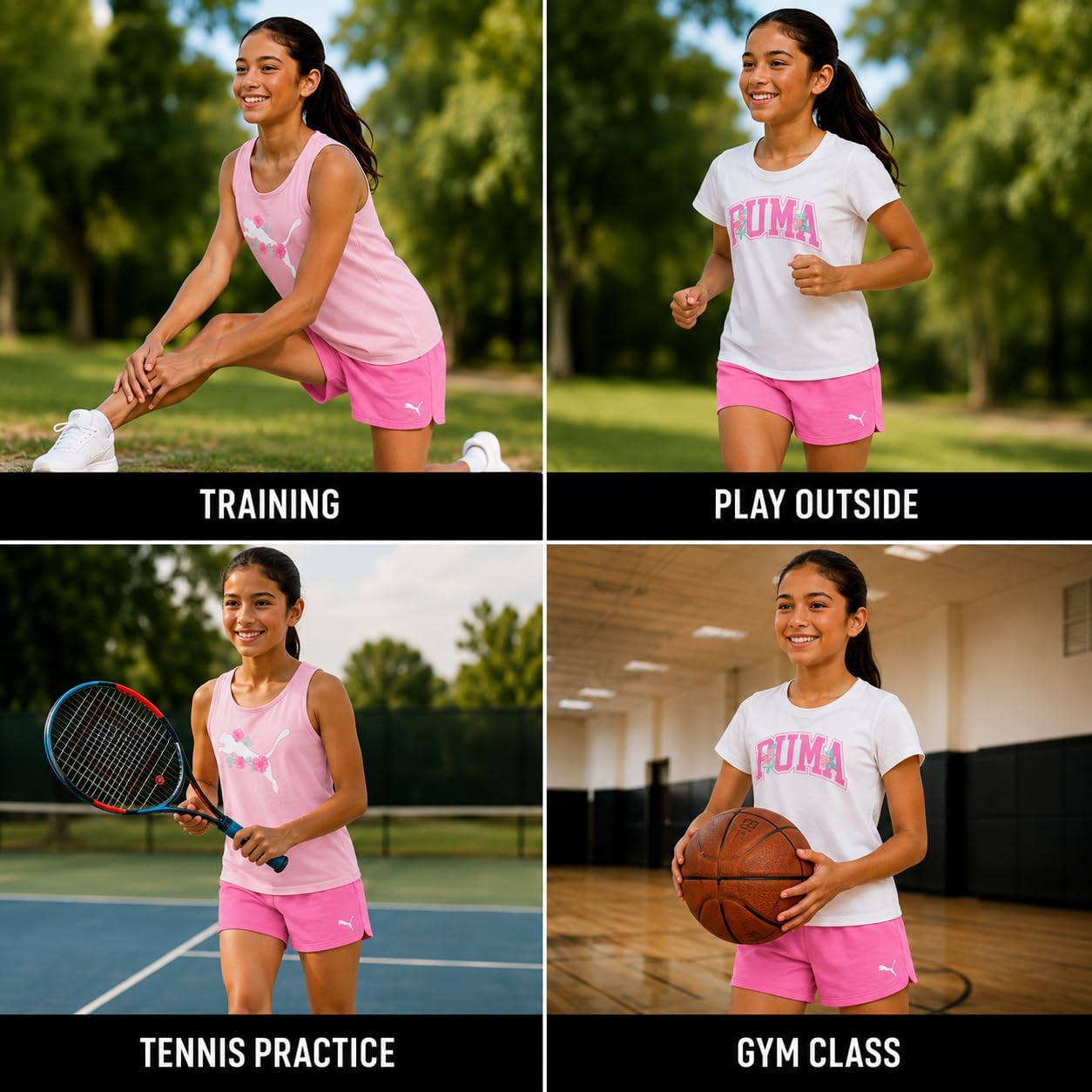 PUMA Girls Active Shorts Set - 3 Piece Performance T-Shirt, Tank Top, Gym Shorts - Summer Athletic Outfit for Girls (7-14)