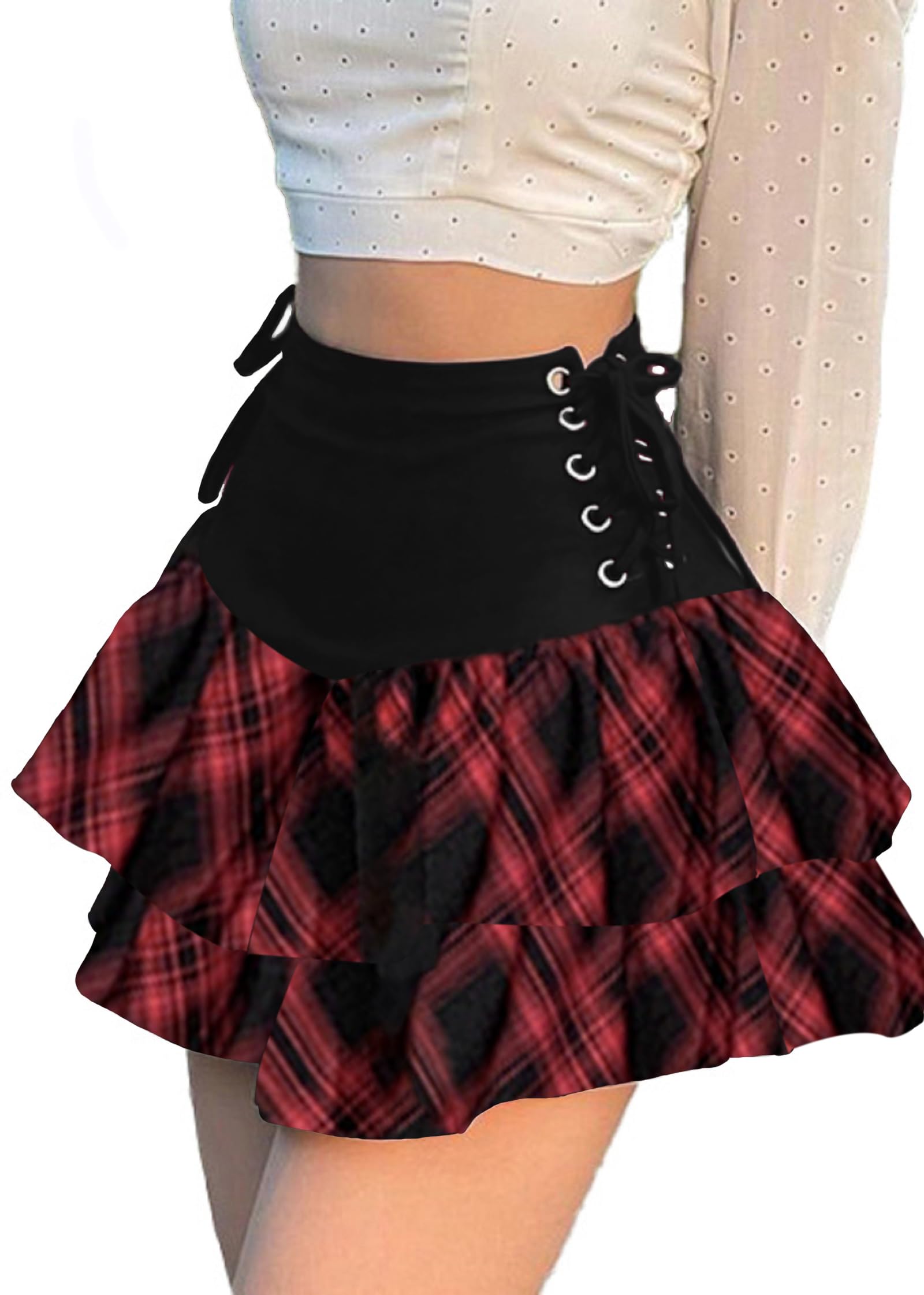 ZUNQKG Womens Y2k Gothic Skirt High Waisted Lace Up Double Layered Ruffles Punk Mini Emo Skirts