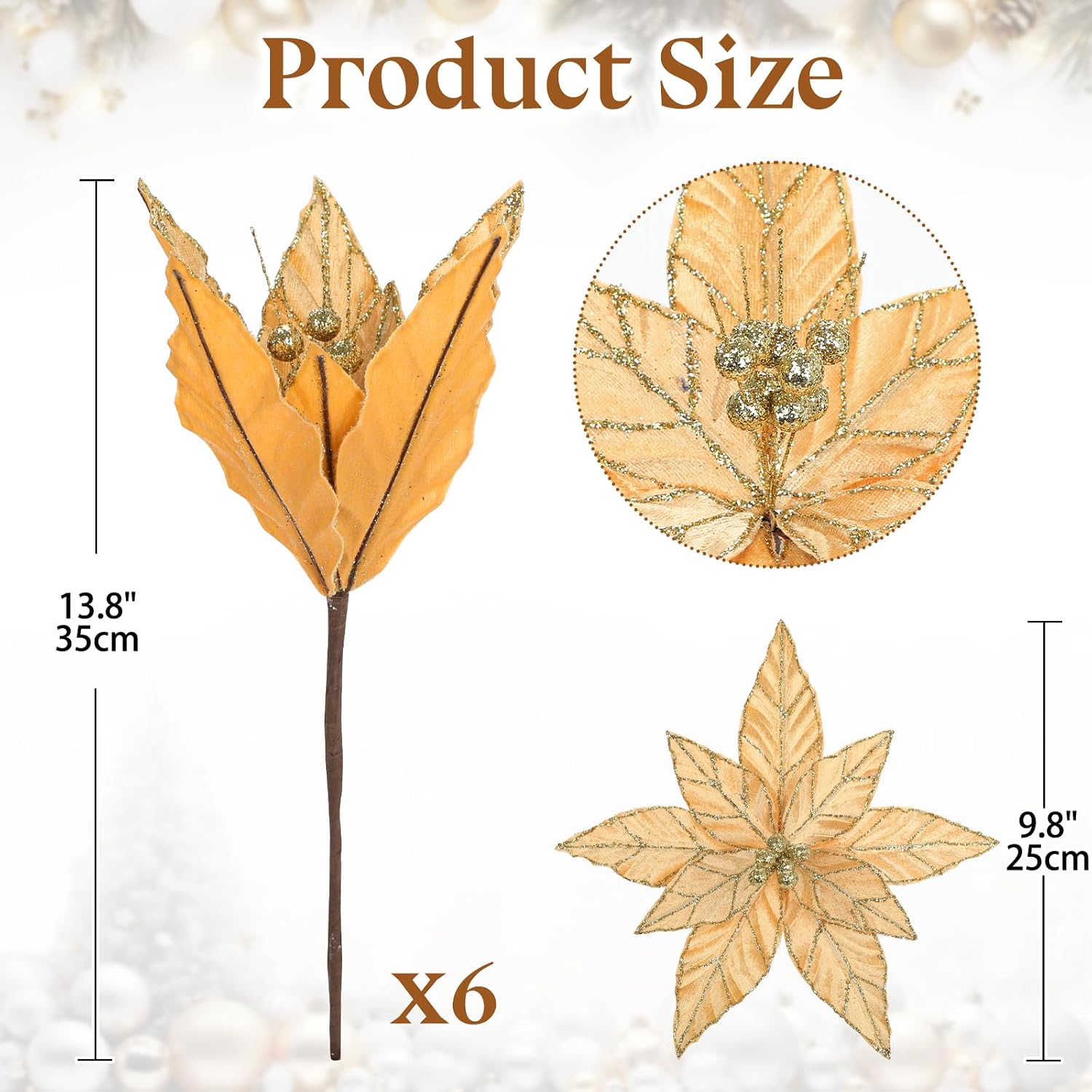 Briful 6 Pack Gold Glitter Christmas Poinsettia Picks, 13.8'' Artificial Floral Stems with Gold Edges & Sparkle Beads, 9.8'' Blossom Holiday Flower Picks for Tree, Wreath, Table Centerpiece Decor image 3