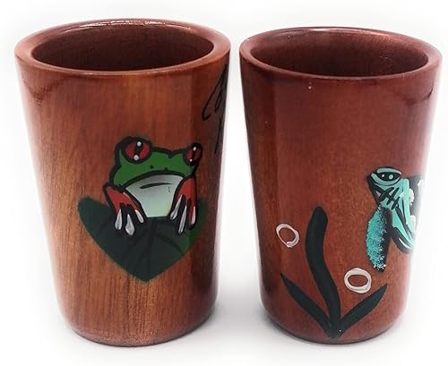 Miniatura 3 de Juego de 2 vasos de chupito de tequila de madera - Pintados a mano con diseños de Frod y Tortuga Verde Bosque Costarricense - 1.5 fl oz o 1.5 fl oz