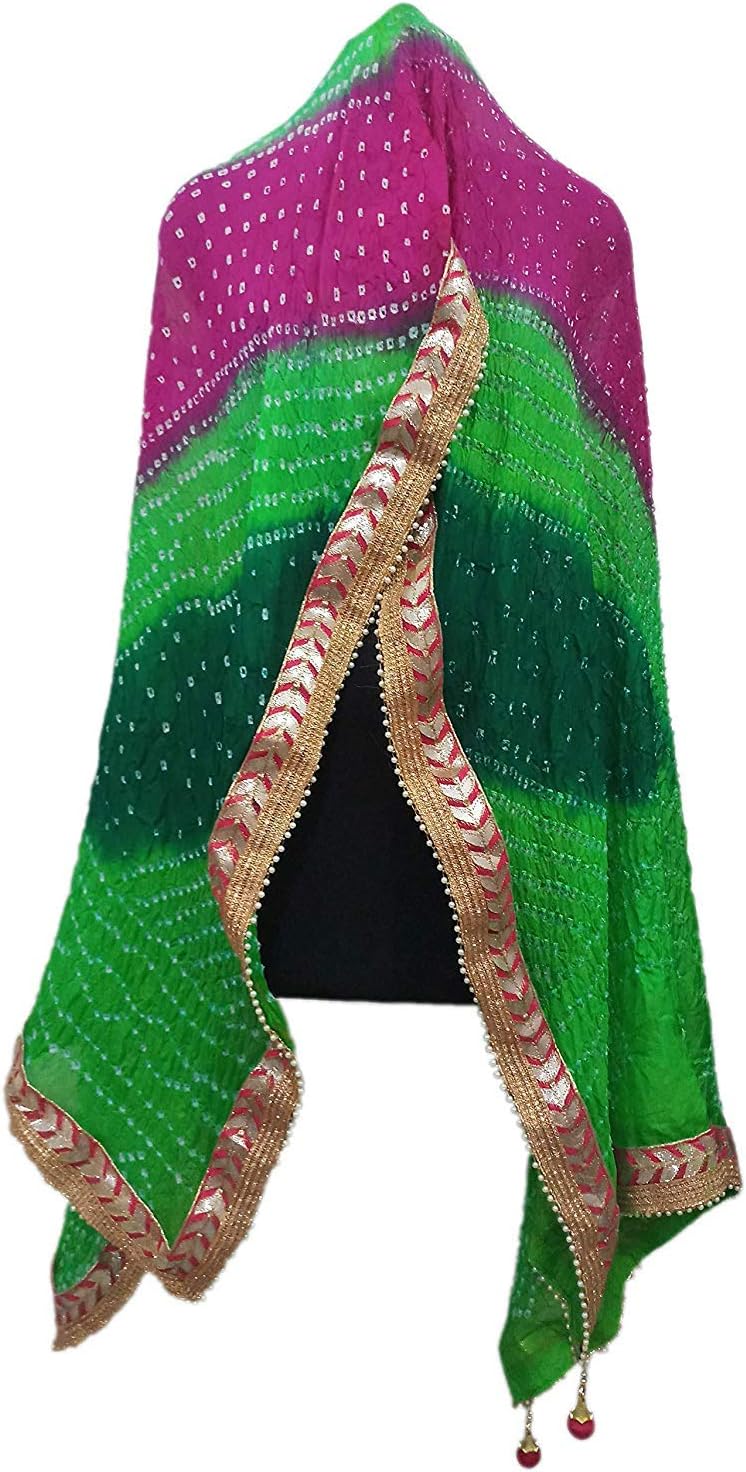 kalpit creationsWomen's Jaipuri Art Silk Bandhej Rajasthani Bandhani Dupatta with Gota Patti Lace