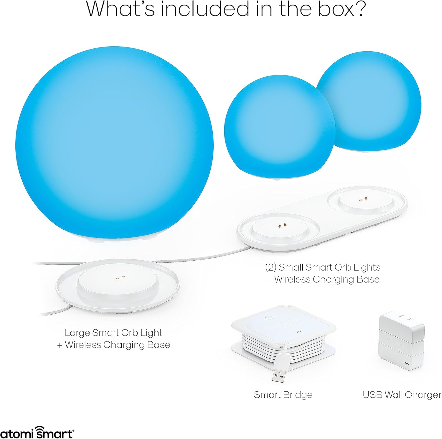 Contents of the Atomi Smart Portable Orb LED Light 3-Pack: one large orb, two small orbs, two wireless charging bases, a Smart Bridge, and a USB wall charger.