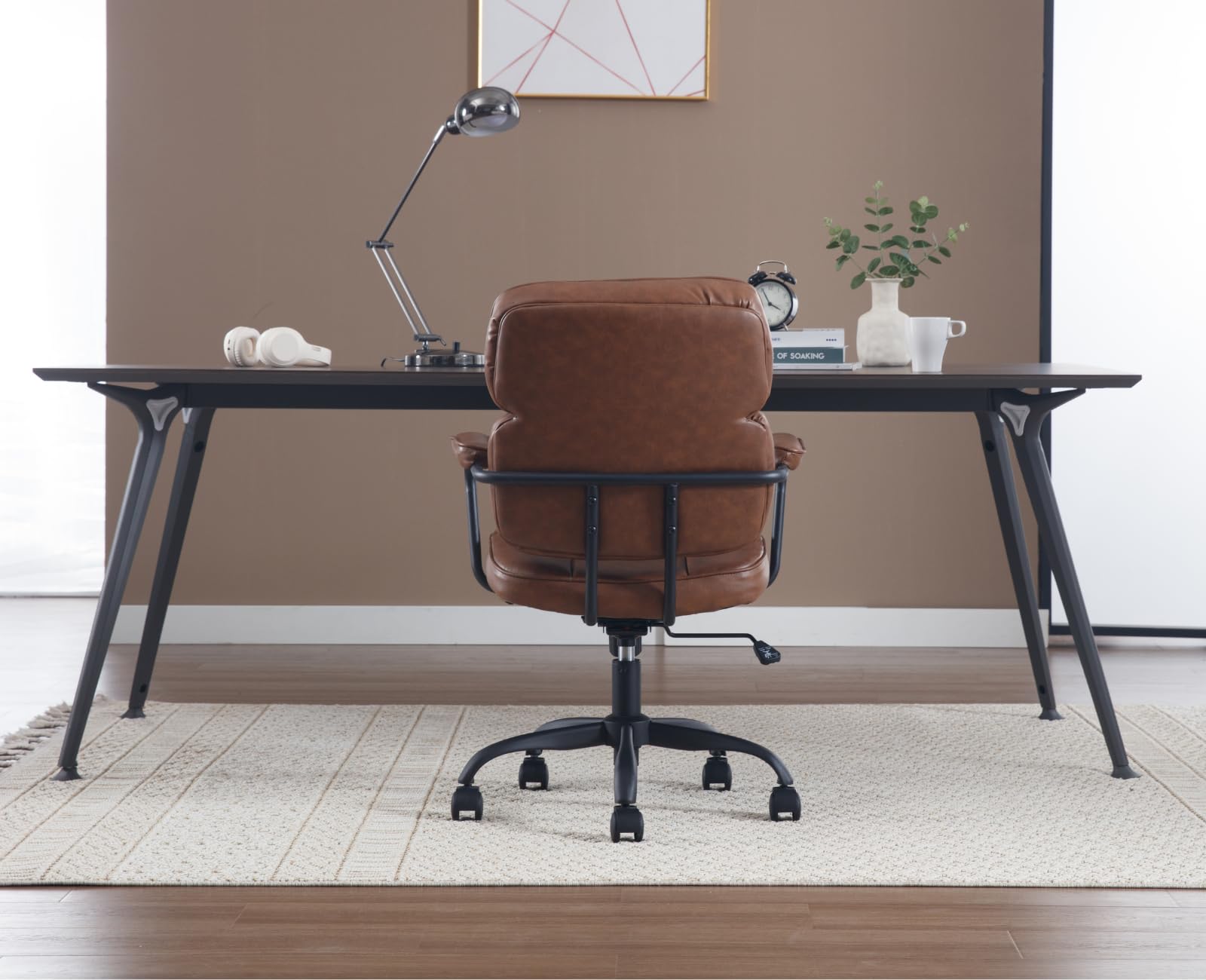 Ya-Home Silla Oficina Silla Escritorio Ergonómico con Ruedas,Marrón | PU Cuero, Respaldo y Altura Ajustable, Ruedas, FACIL DE LIMPIAR, para Estudio/Oficina, MAX 136KG