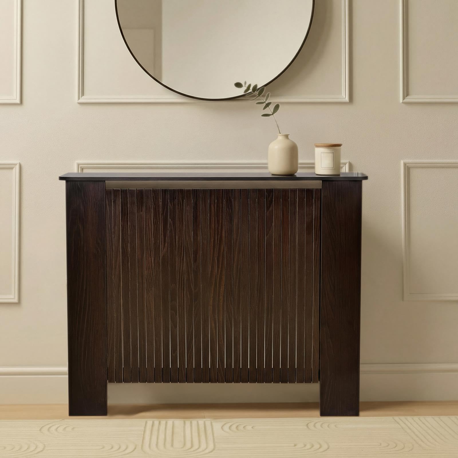 OHS Medium Radiator Cover Ribbed, Modern Slatted Front MDF Cabinet Decorative Heater Cover with Top Shelf Radiator Covers for Living Room Bedroom Hallway, Dark Wood - 102 x 82 x 19cm — image 1