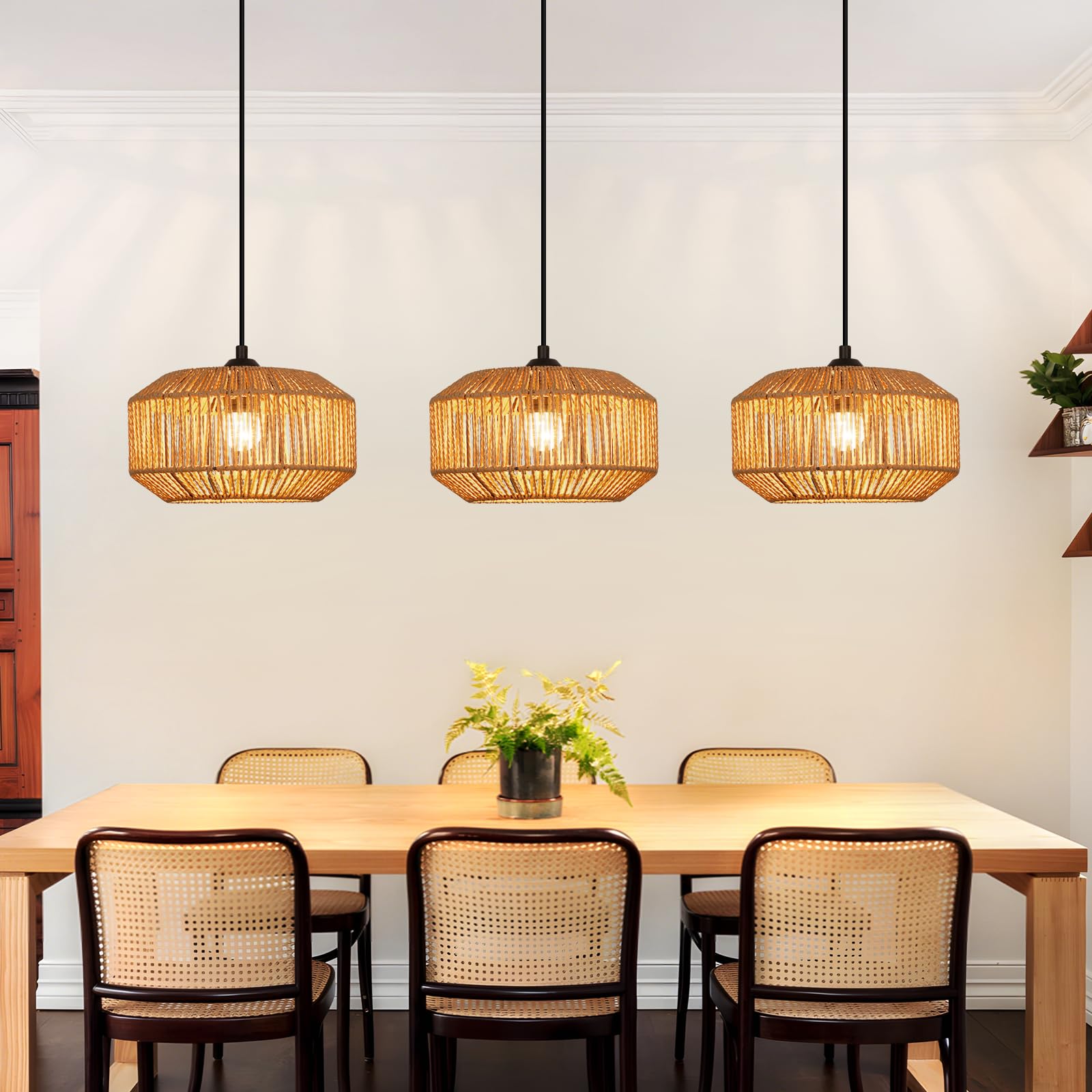 Pendelleuchte Boho Hängelampe Rattan Lampe Hängend Höhenverstellbar | Hängeleuchte Esszimmer 3 flammig Esstischlampe Retro Design mit E27 Fassung für Schlafzimmer Wohnzimmer/Ohne Leuchtmittel