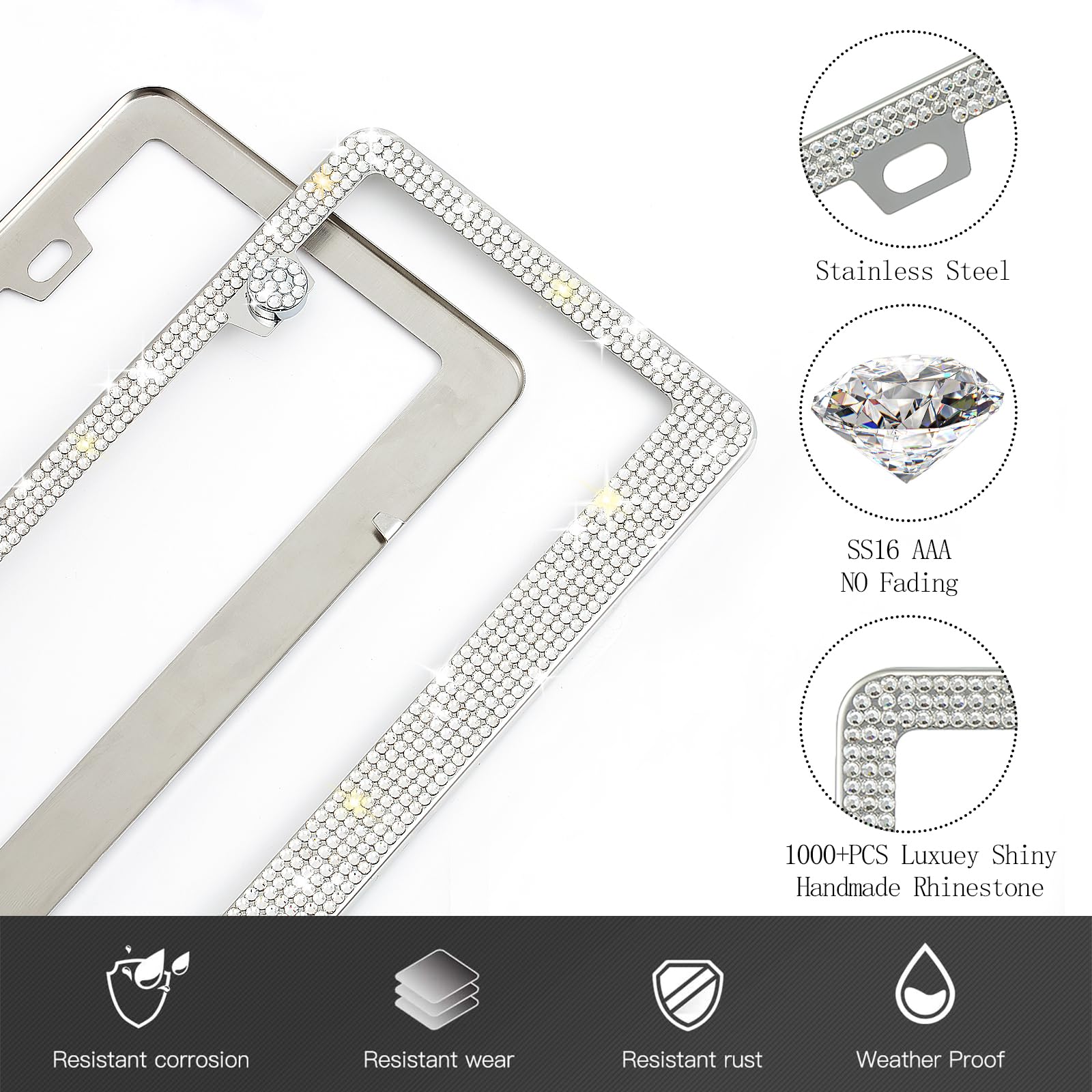 Runone 2 Pack Bling License Plate Frame for Women Sparkly Rhinestone Stainless Steel License Plate Holder Car Accessories — view 2