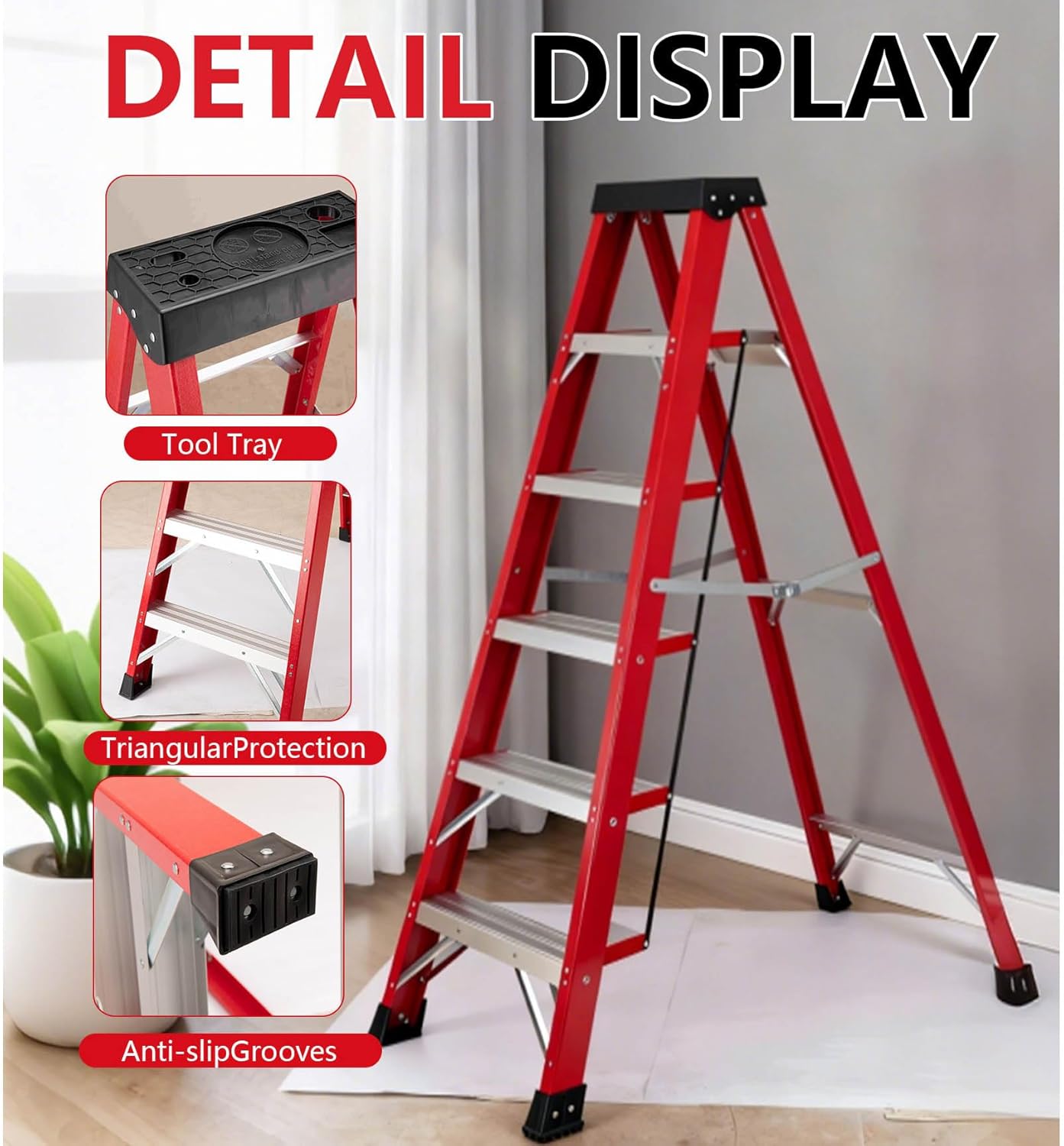 Fiberglass Ladder, 500 lbs Load Capacity, Non-Conductive, Heavy-Duty Step Ladder with Non-Slip Rubber Feet & Wide Steps, Industrial Grade for Electrical Work & Construction, Red (4-Foot)