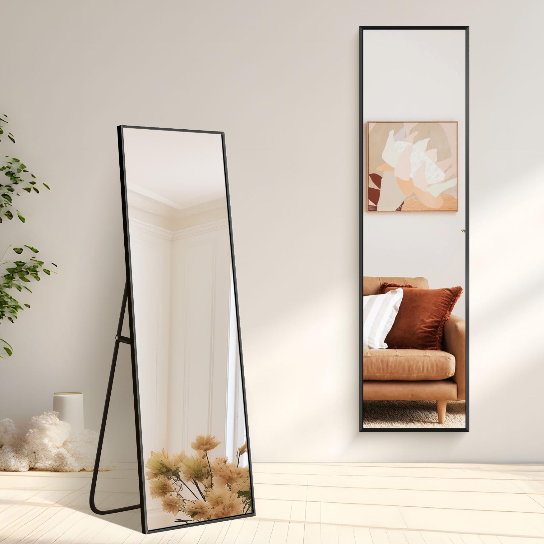 Specchio da Terra, 150 x 40 cm Specchio Rettangolare con Cornice in Alluminio Nero per Bagno, Camera da Letto, Ingresso e Corridoio